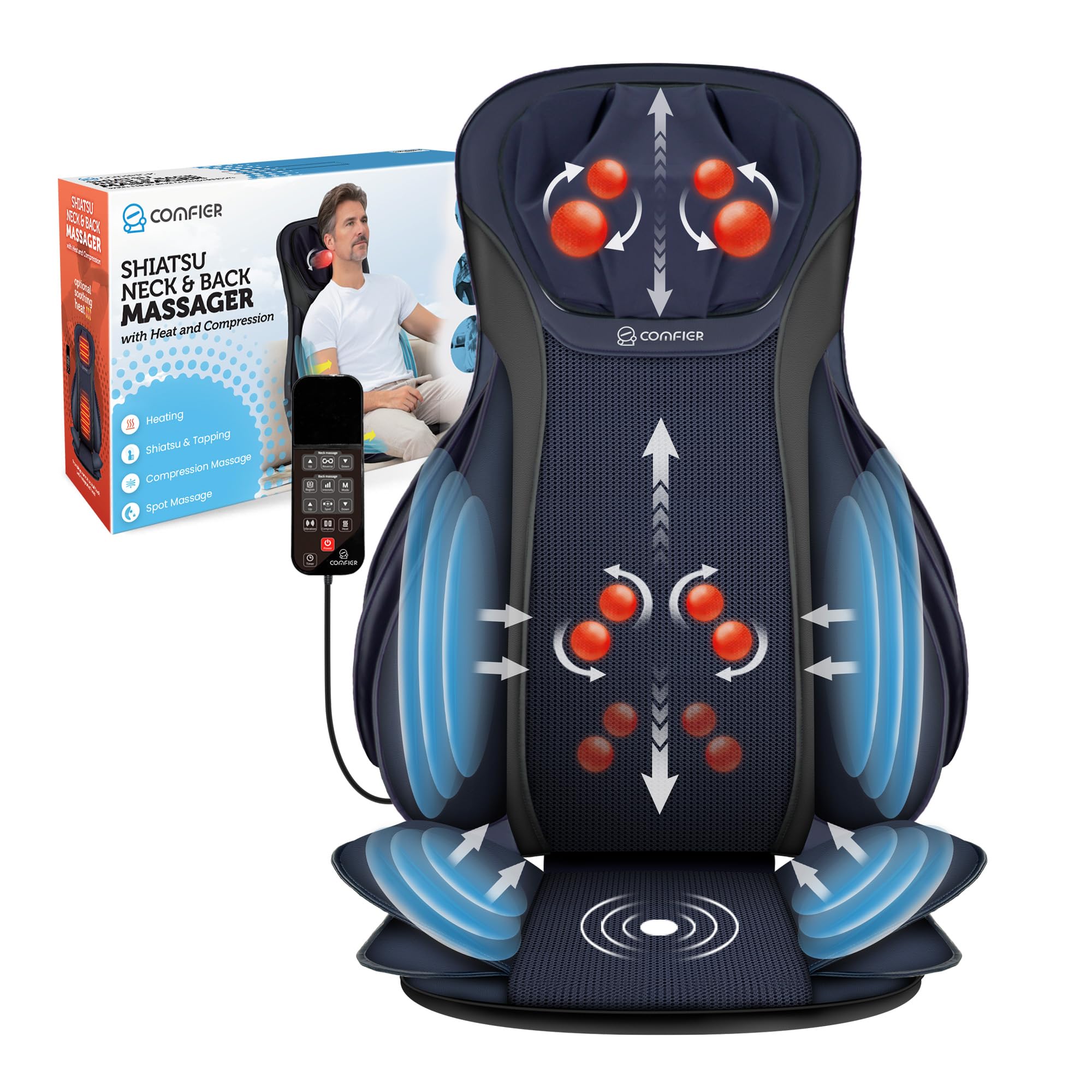 COMFIER Shiatsu Back Massager with Heat - Deep Tissue Massage Chair Pad for Neck, Back & Shoulder Pain Relief - Adjustable Height Seat with Tapping Compression - Perfect Gift for Women & Men - Use at Home, Office or Car for Ultimate Relaxation