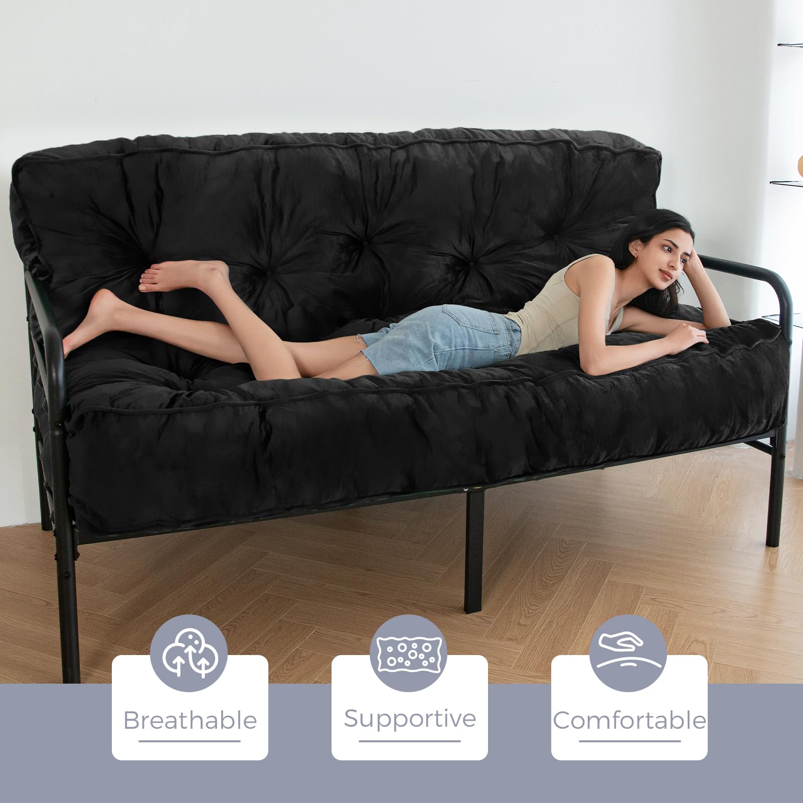 MAXYOYO 8-Inch Thick Velvet Tufted Futon Mattress for Sofa Bed - Luxurious Comfort for Adults (Mattress Only, Black) - Perfect for Small Spaces, Guest Rooms & Studio Apartments