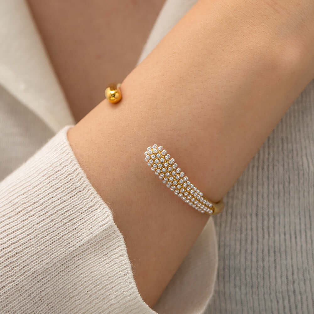 18K Gold Plated Pearl & Rainbow Open Cuff Bangle Bracelet - Elegant Jewelry for Women | Perfect for Parties, Weddings & Special Occasions | JDB489