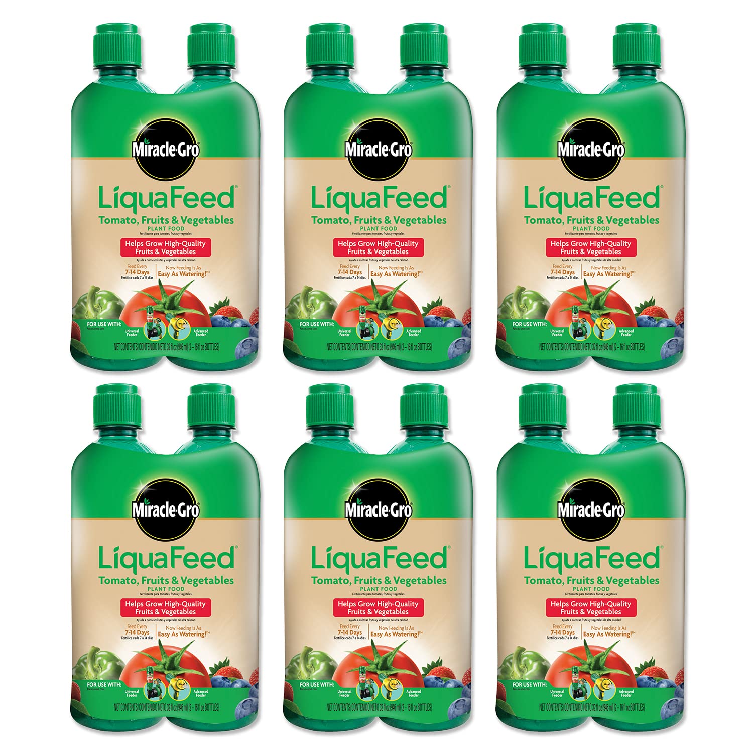 Scotts LiquaFeed Tomato, Fruit & Vegetable Plant Food Refills - 16 fl oz Liquid Fertilizer (6-Pack of 2 Bottles) - Ideal for Home Gardening, Greenhouses & Organic Farming