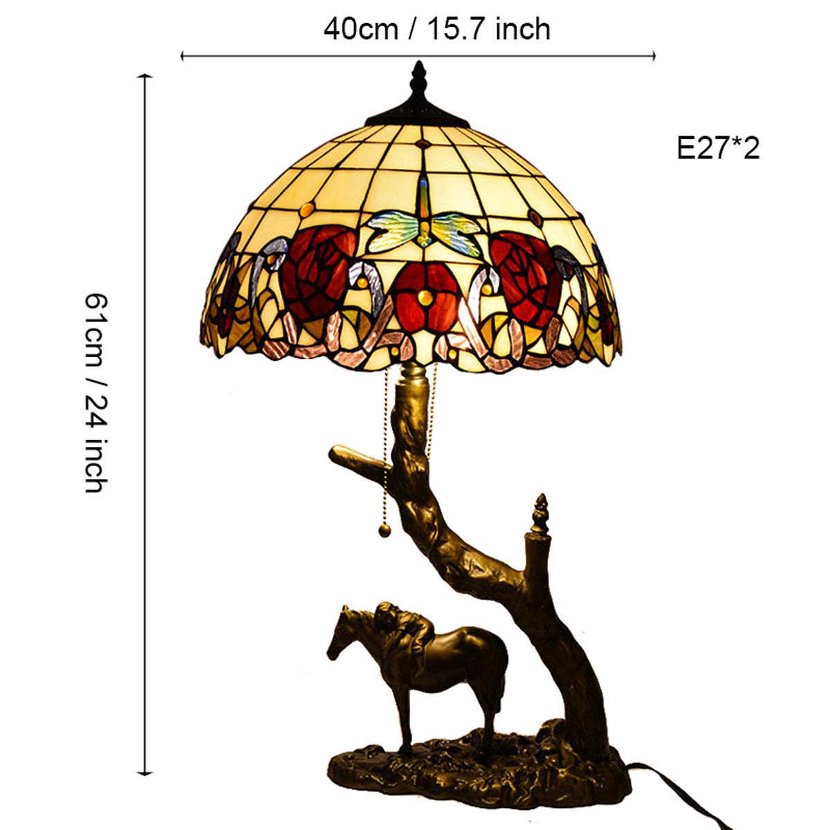 Tiffany Style Rose Table Lamp with Pastoral Floral Dragonfly Stained Glass - 16 Inch Resin Pony Base Desk Lamp for Bedroom, Living Room & Study - Perfect for Reading, Nightstand Decor and Cozy Home Ambiance