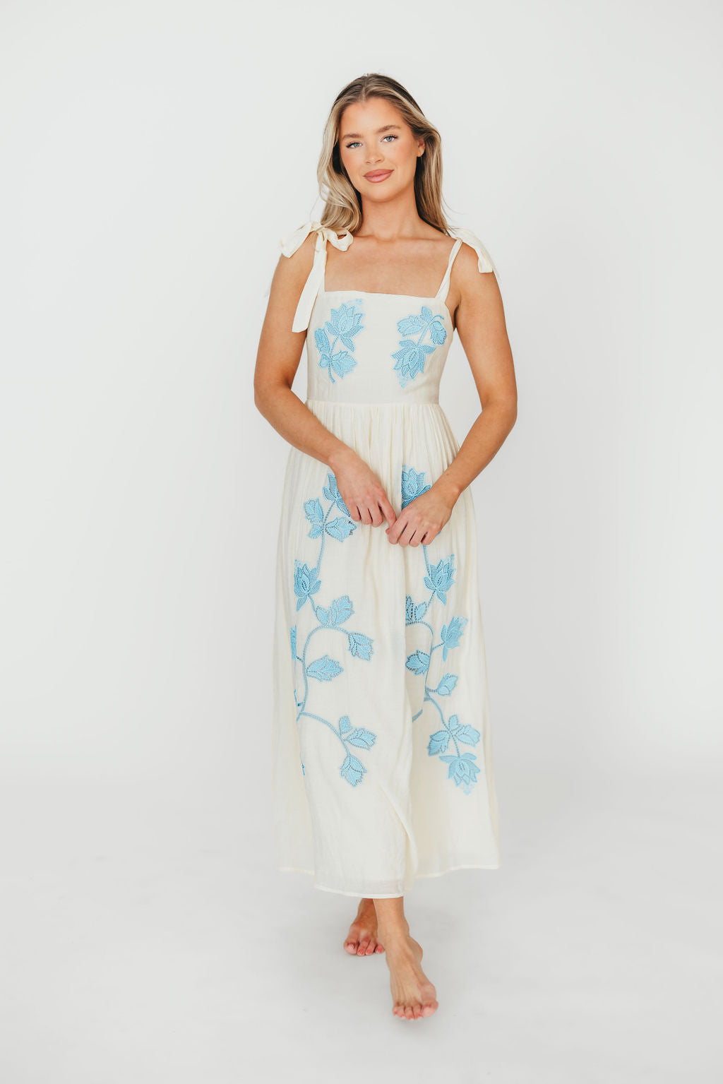 Clementine Embroidered Midi Dress - Cream & Light Blue Floral Summer Dress for Women | Perfect for Beach Vacations, Garden Parties & Date Nights