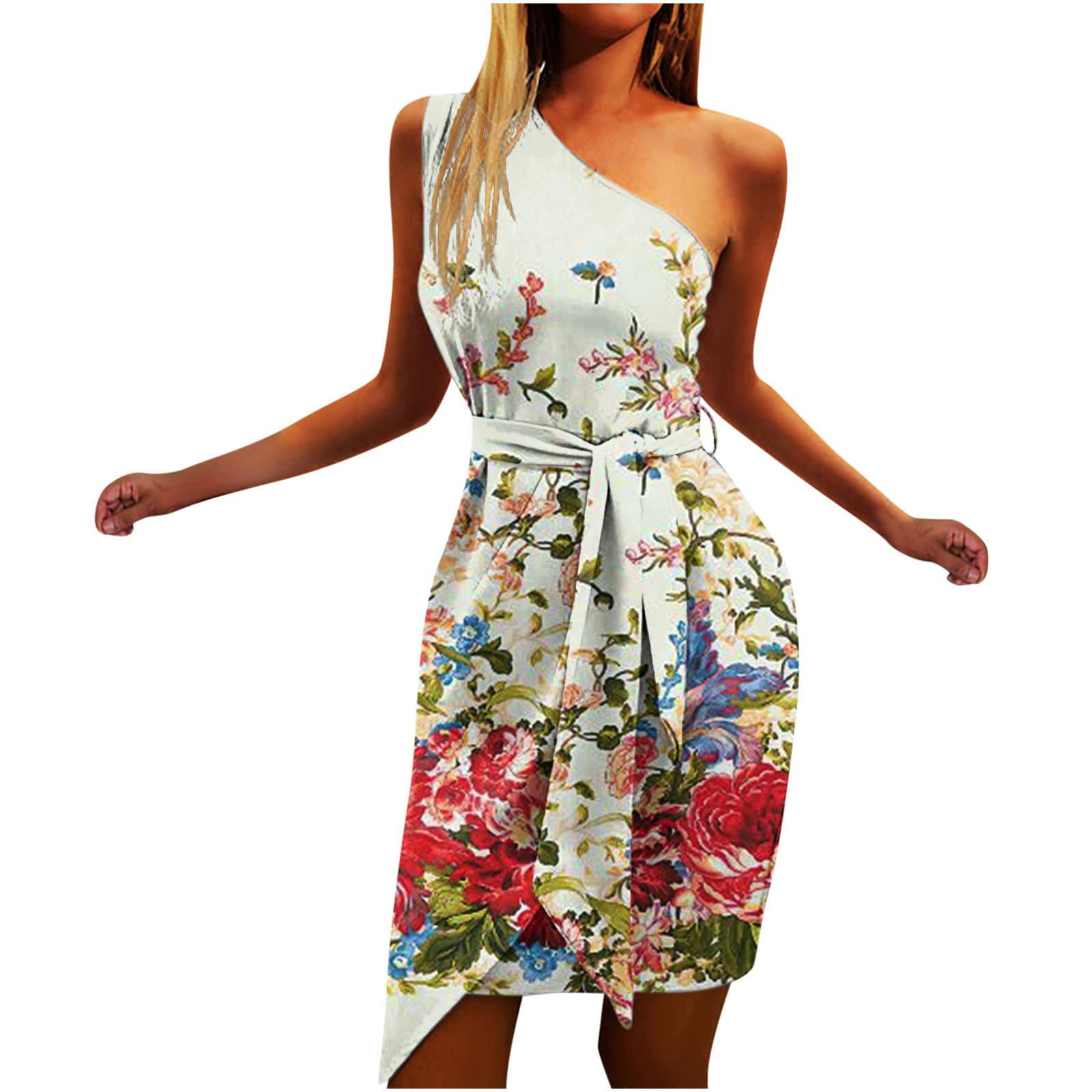InKach Women's One Shoulder Floral Dress - Summer Casual Sleeveless Bodycon Mini Dress with Belt, Asymmetrical Pencil Dress for Party, Club, Date Night & Beach Vacation