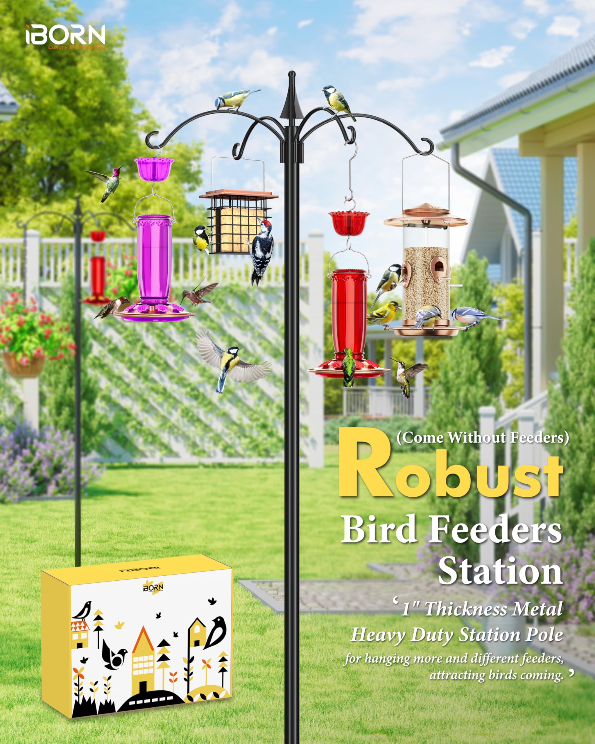 iBorn 87Inch Heavy Duty Hanging Bird Feeder Station Stand - 1 Inch Thick Pole with 4 Hooks & 5-Prong Stabilizer for Wild Birds (Bird Feeders Not Included) - Perfect for Backyard, Garden, and Outdoor Bird Watching