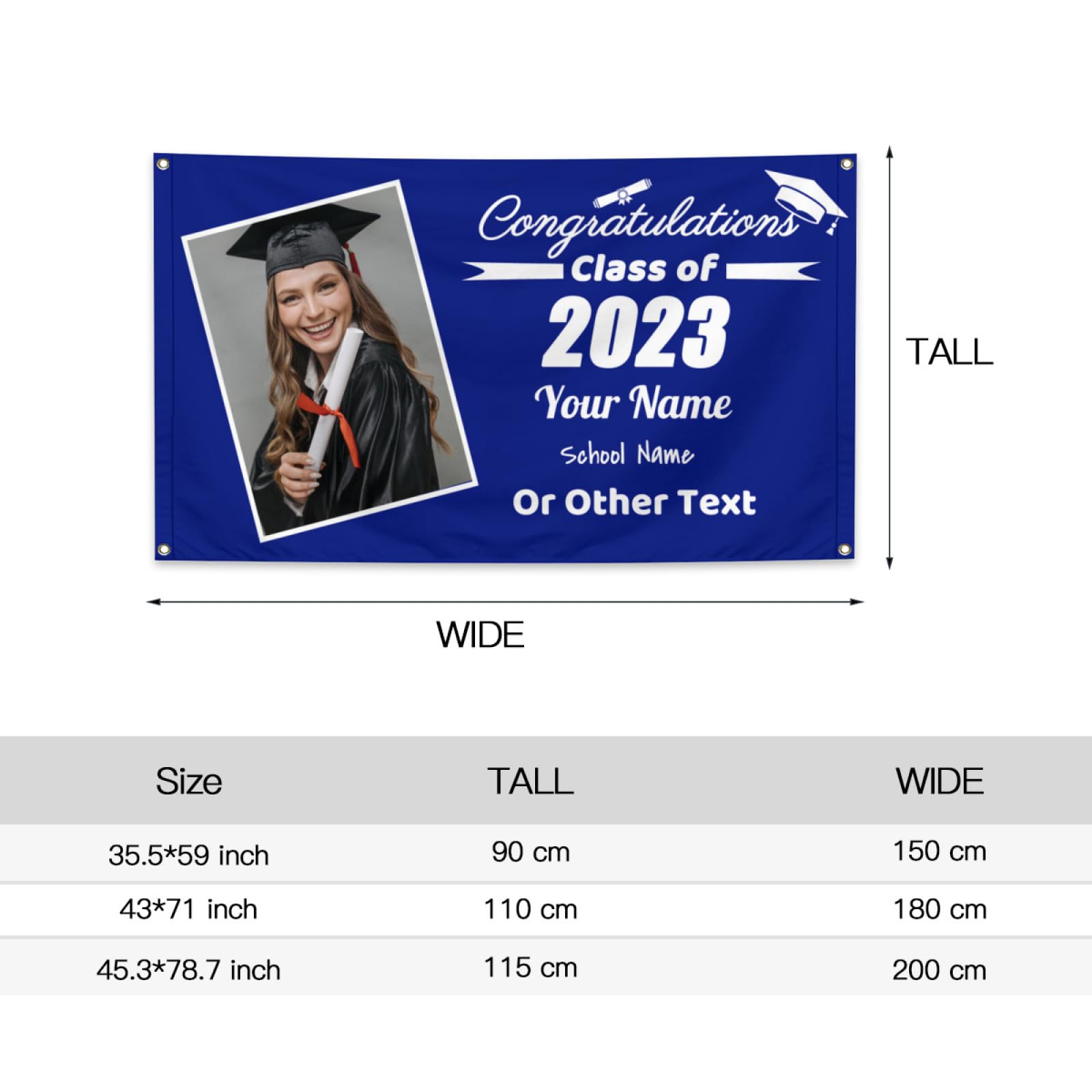 Custom Graduation Banner 2023 - Personalized Large Blue Party Decoration Flag for Indoor & Outdoor Wall Decor - Perfect for Kids, Students & Classmates Graduation Celebrations