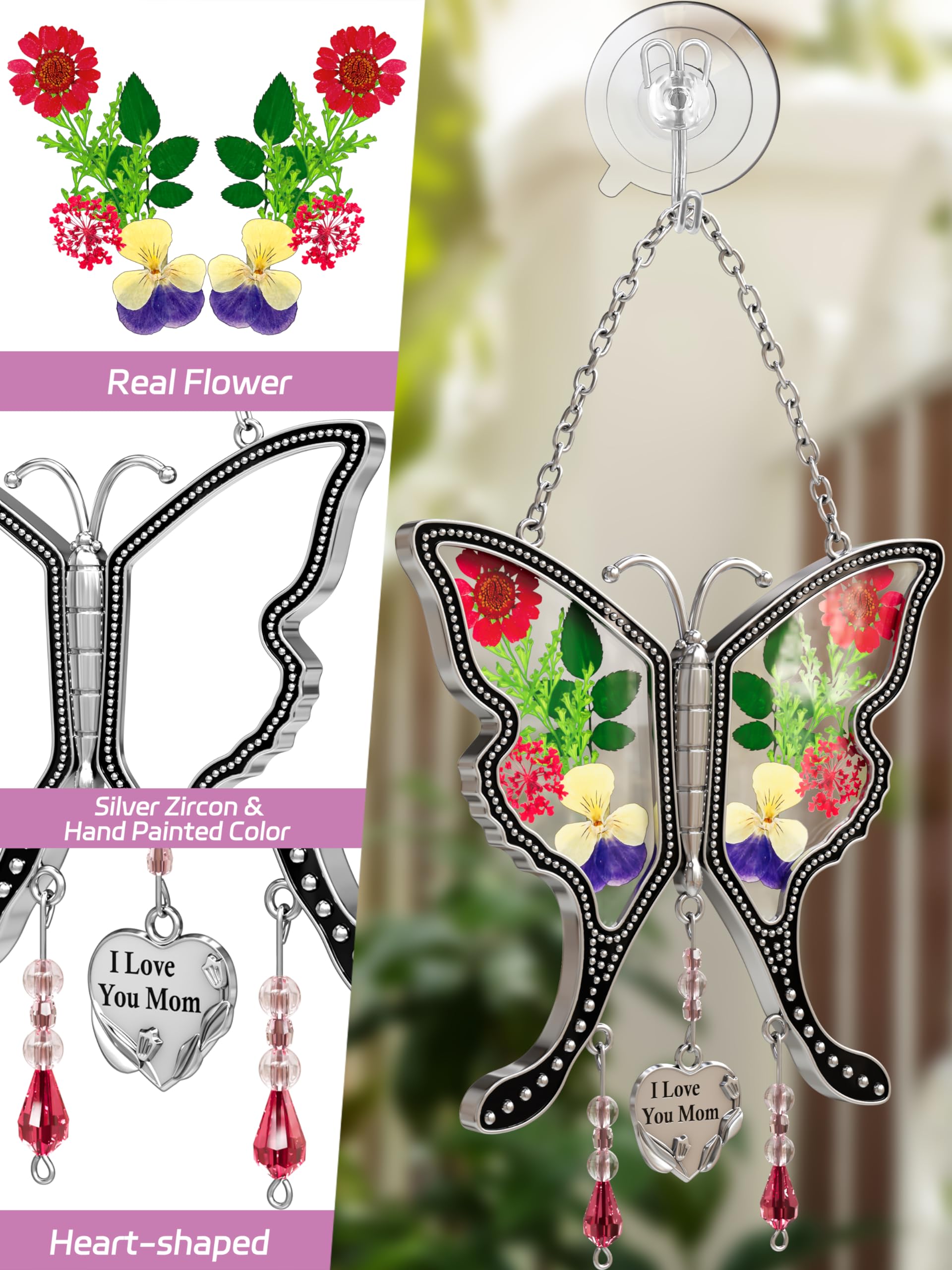 KY&BOSAM Real Flower Pressed Butterfly Suncatcher - Stained Glass with Silver Heart Charm, Unique Mother's Day Gift, Birthday Present for Mom, Valentine's Day Keepsake | Window Decor, Home Garden Ornament, Thoughtful Gift for Wife & Grandma