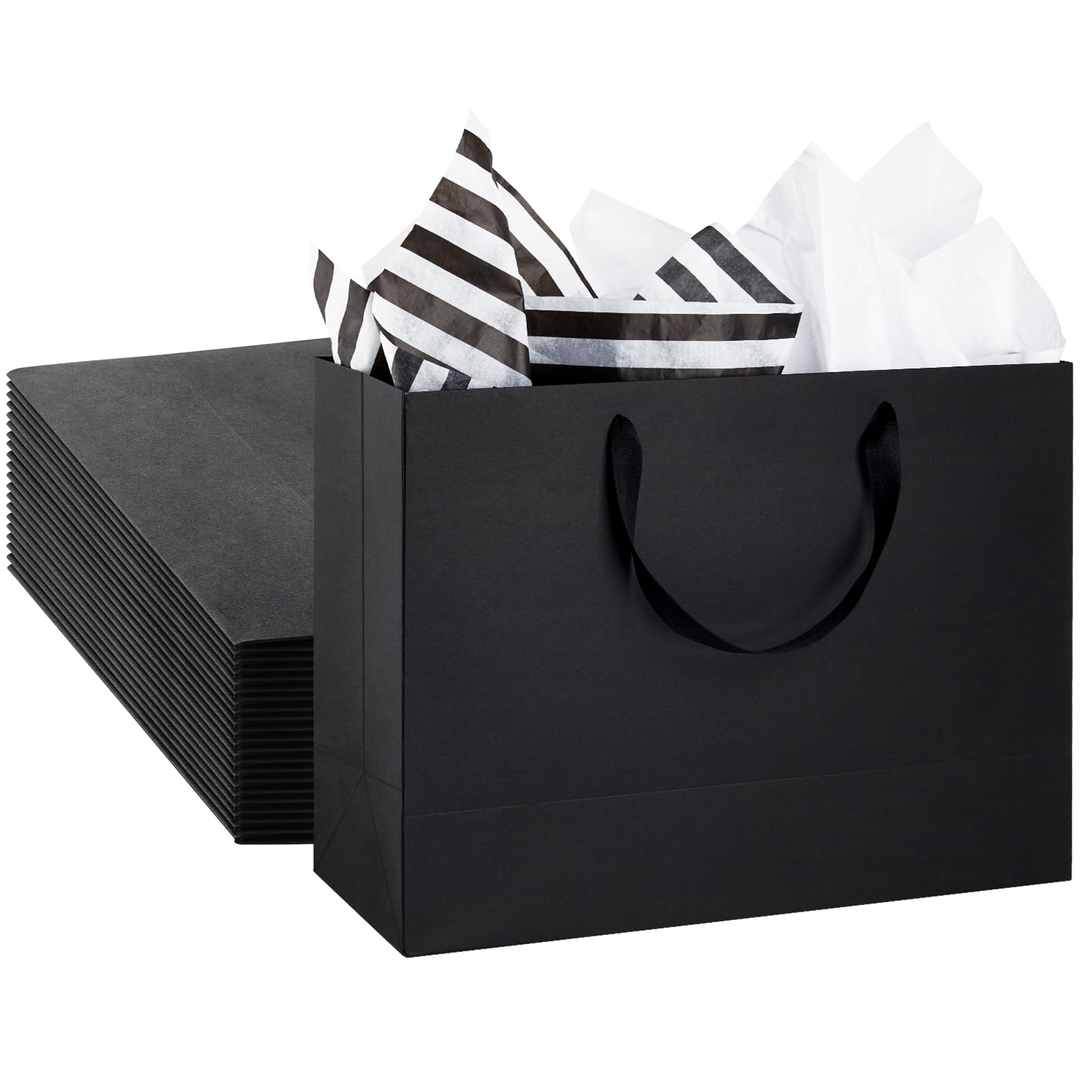 12 Pack 16 Inch Extra Large Black Kraft Paper Gift Bags with Ribbon Handles & Tissue Paper - 16x6x12 Inches - Perfect for Holiday Gifts, Retail Merchandising & Party Favors