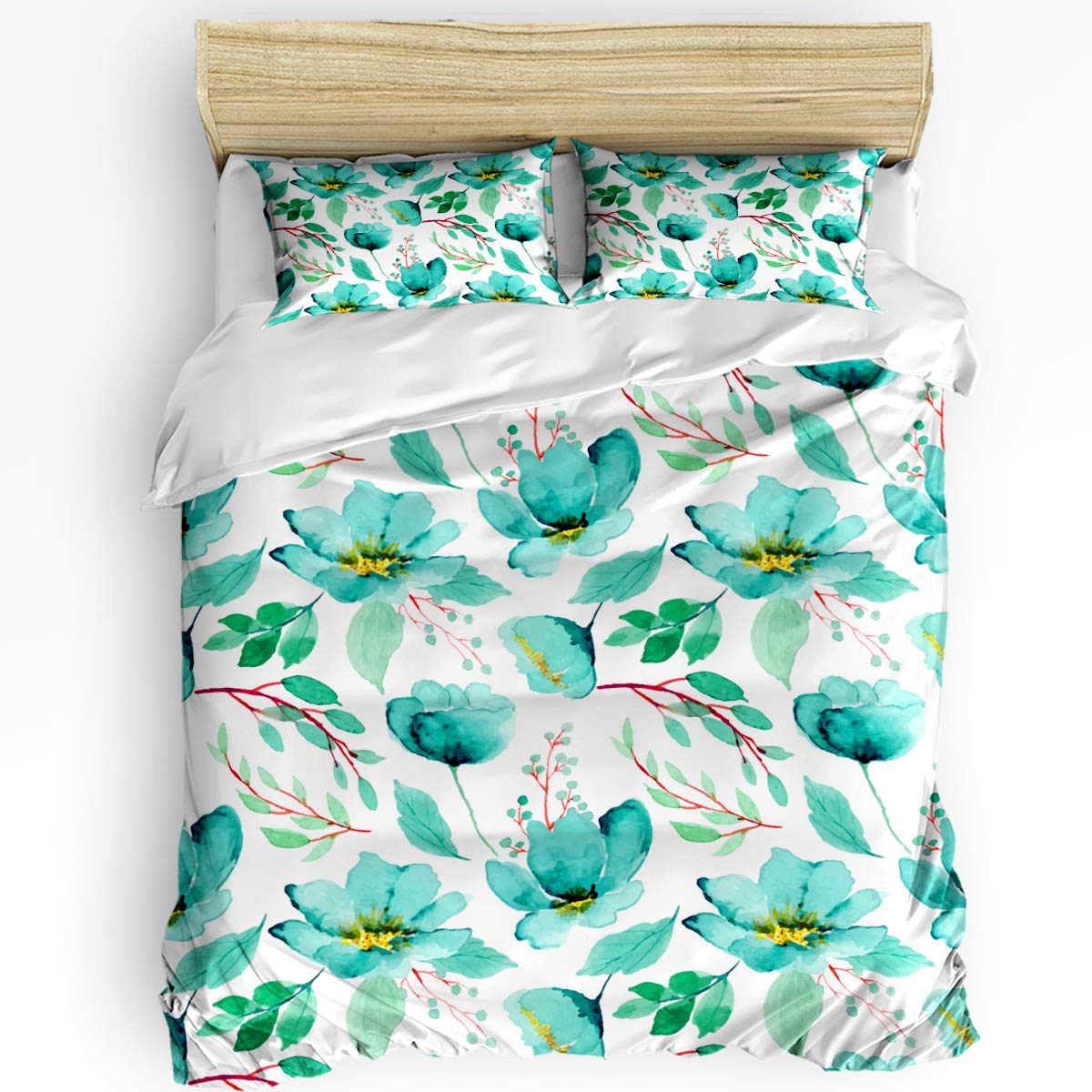 USOPHIA 3-Piece King Duvet Cover Set - Green Watercolor Floral Pattern, Soft Comforter Cover with Zipper Closure & Corner Ties, Includes 1 Duvet Cover + 2 Pillowcases | Luxury Bedding for Master Bedroom & Guest Room Decor