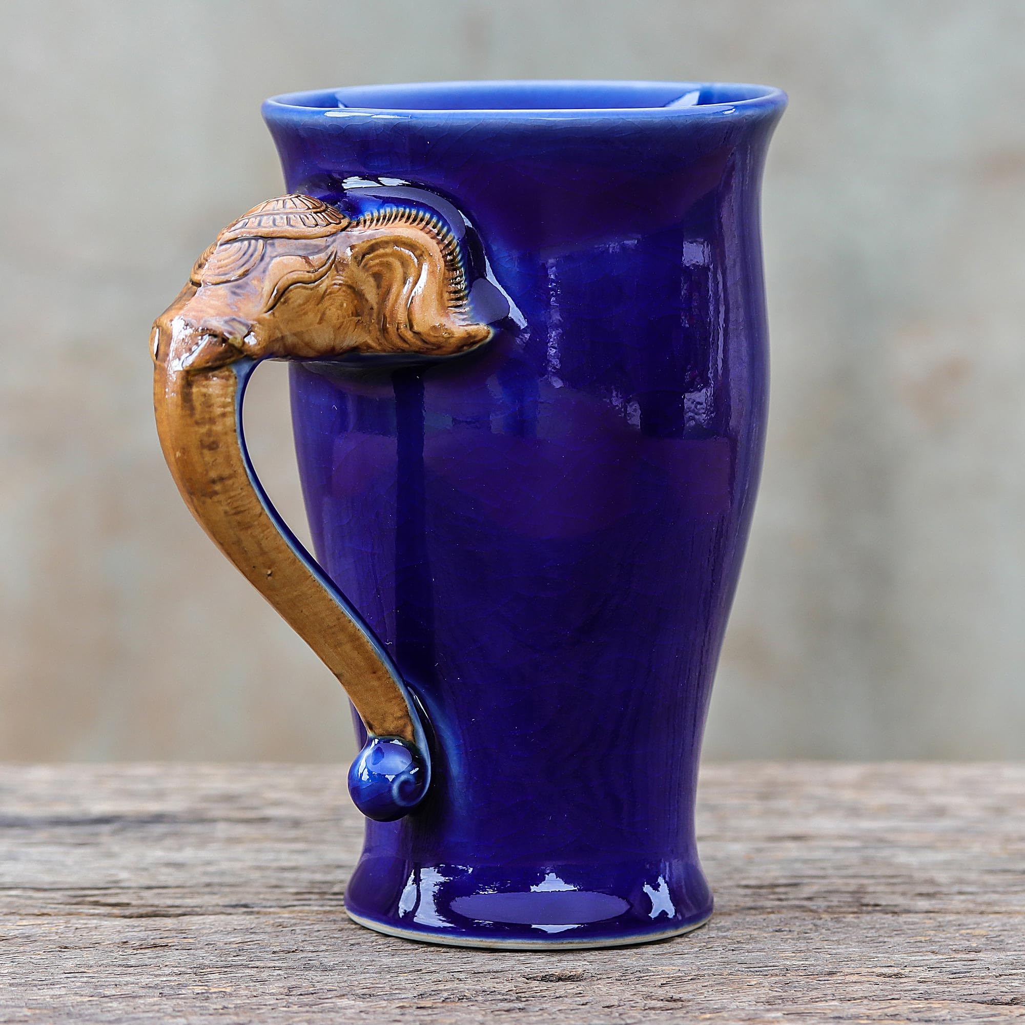 Handmade Thai Celadon Ceramic Mug with Elephant Design - Blue & Brown Artisan Coffee Cup - 12 Oz Thailand Tableware for Home & Office Use - Perfect for Tea, Coffee & Gifts - 5.5in H x 4.9in W x 3.5in D