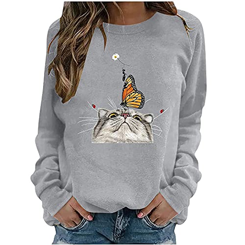 Women's Casual Long Sleeve Cat Print Sweatshirt - Comfy Loose Fit Raglan Blouse & Round Neck Tee for Everyday Wear, Workout & Lounge