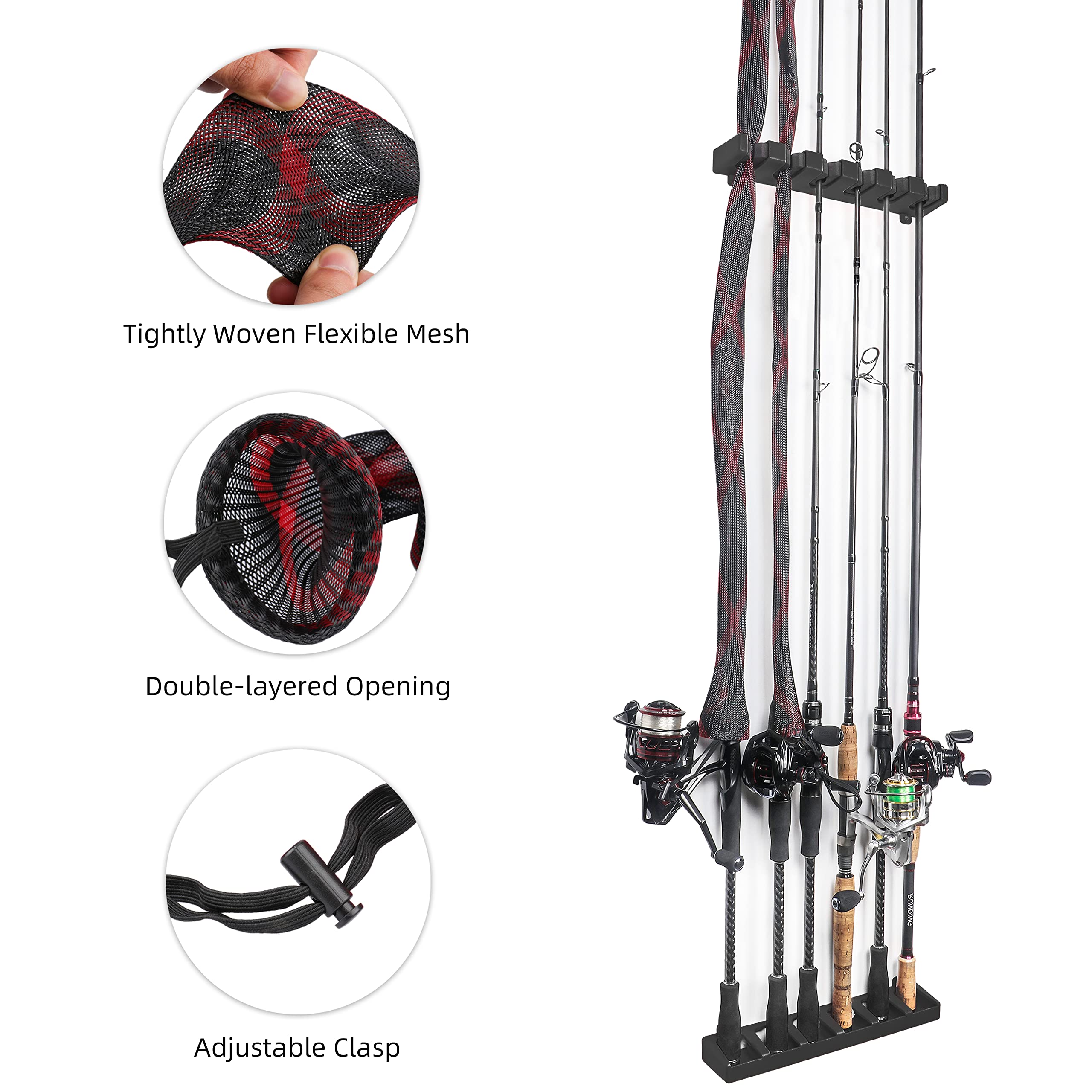 RUNCL Fishing Rod Holder Kit - Wall Mounted Vertical Fishing Rod Rack with Rod Sleeve & Strap - Holds 6 Rods (5-11mm) - Durable Fishing Pole Storage for Garage, Boat, RV & Home Organization