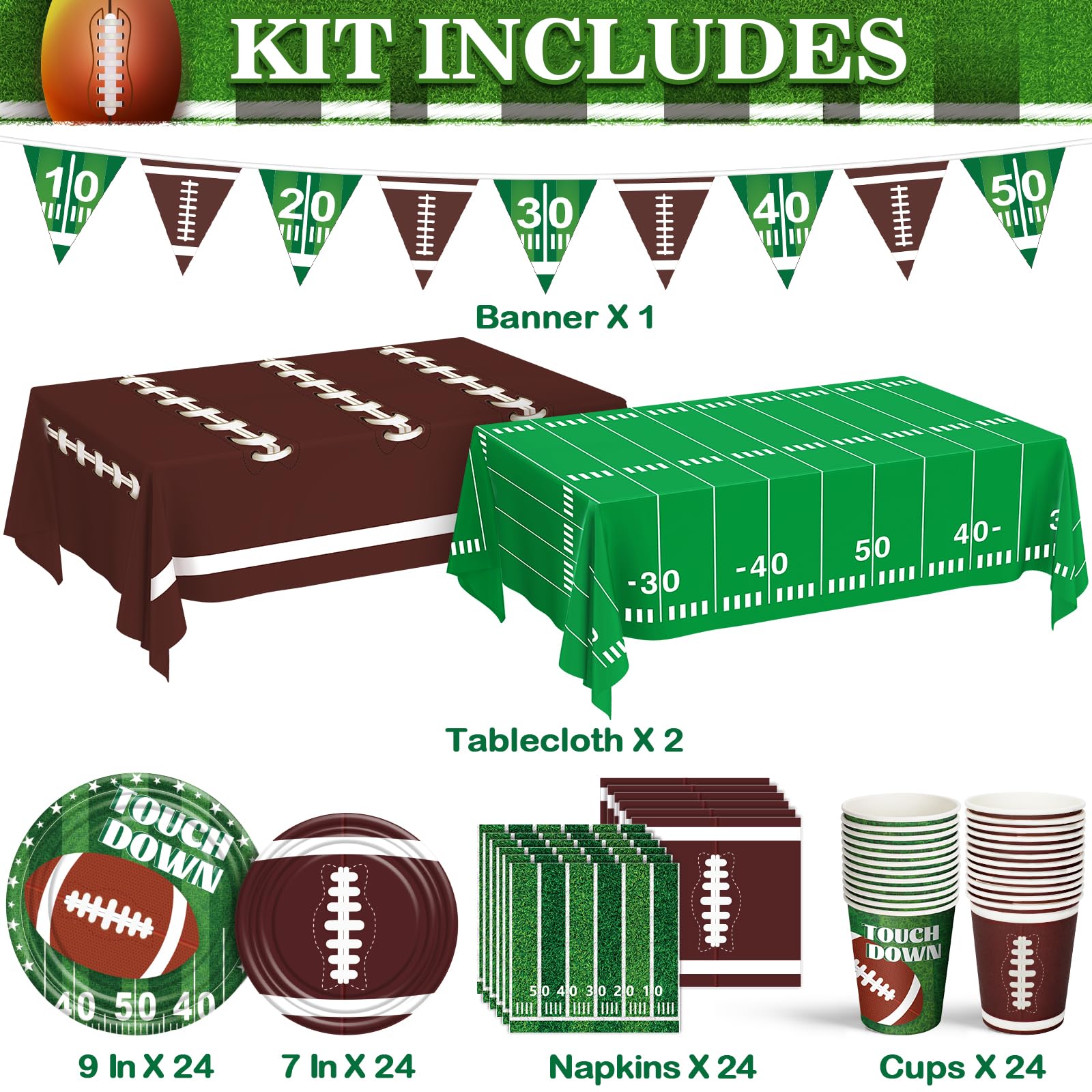 24-Piece Football Party Decorations Kit - Super Bowl & Tailgate Supplies in Brown & Maroon | Includes Banner, Plates, Cups, Tablecloth | Perfect for Game Day Celebrations & Sports Themed Events