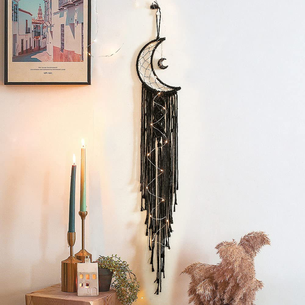 Black Moon Dream Catcher with LED Lights - Boho Chic Wall Hanging for Bedroom Decor, Spiritual Gift for Women & Girls - Perfect for Meditation Rooms, Dorm Decor & Housewarming Gifts