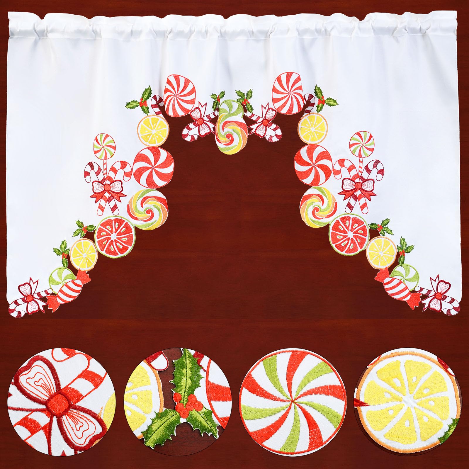 Simhomsen Embroidered Candy Cane Christmas Kitchen Window Curtain Set - Holiday Swag & Tiered Valance for Festive Home Decor - Perfect for Holiday Kitchen, Dining Room & Christmas Party Decorations