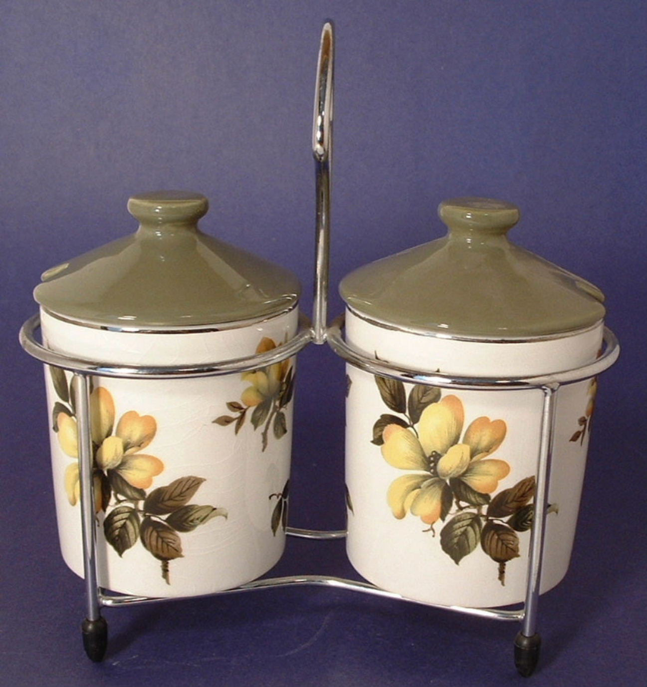 Vintage Midwinter England 1950s Jam Jars with Caddy - Retro Condiment Cruet Set for Kitchen, Dining Table & Vintage Decor Collection