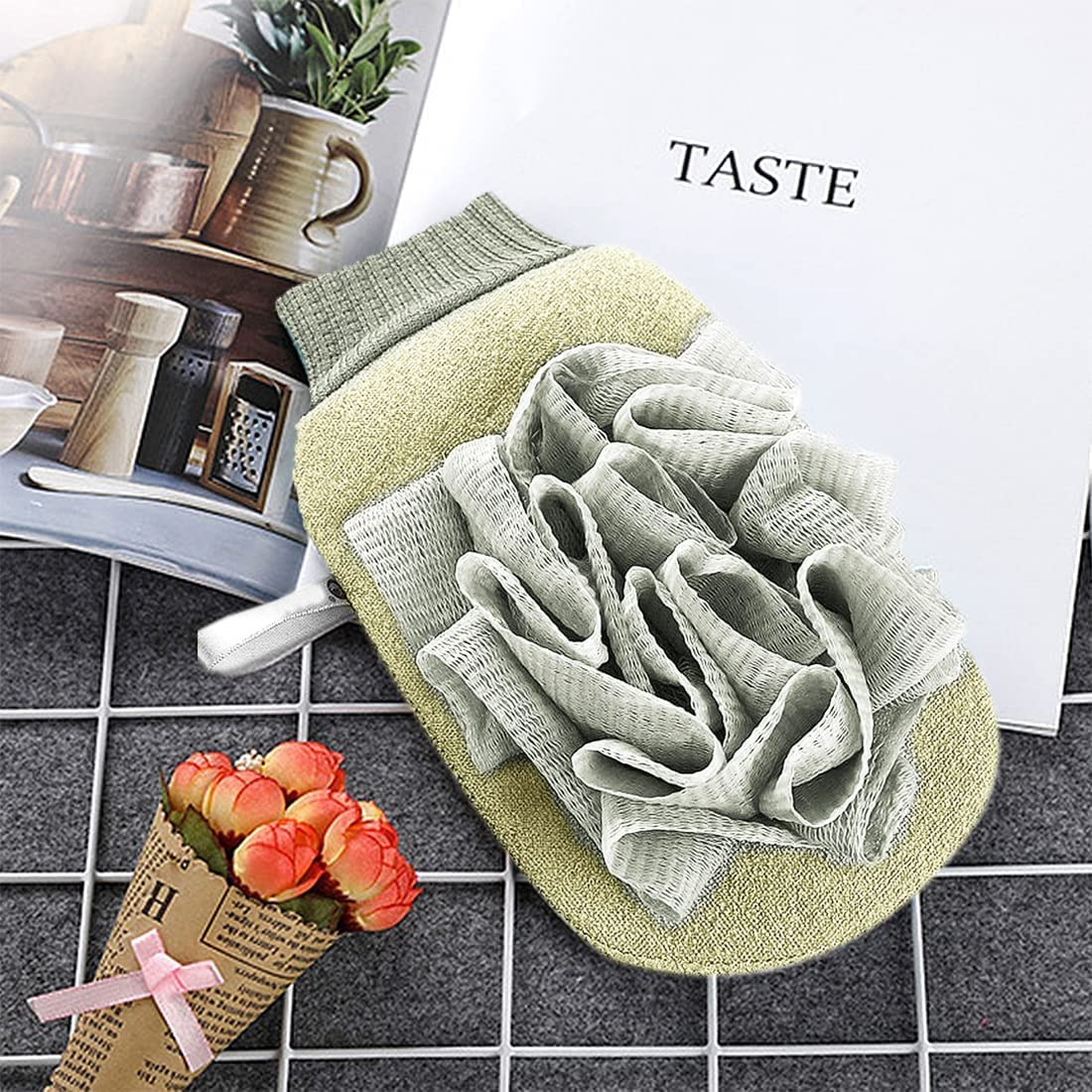Exfoliating Gloves for Dead Skin Removal - 2 in 1 Kese Mitt & Loofah Bathing Glove | Moroccan Hammam Body Scrubber for Microdermabrasion at Home | Visibly Lifts Dead Skin, Tan Removal | Double-Sided Viscose & Cotton Fiber (1pc, Khaki) | Perfect for Spa Day, Self-Care Routine & Post-Workout Refresh