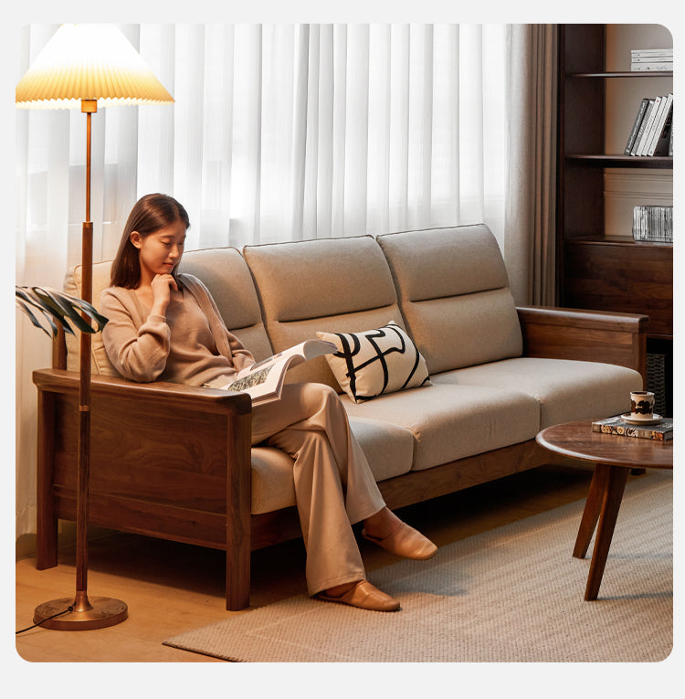 Premium Black Walnut Solid Wood Upholstered Fabric Sofa - Modern Living Room Furniture for Home & Office Comfort