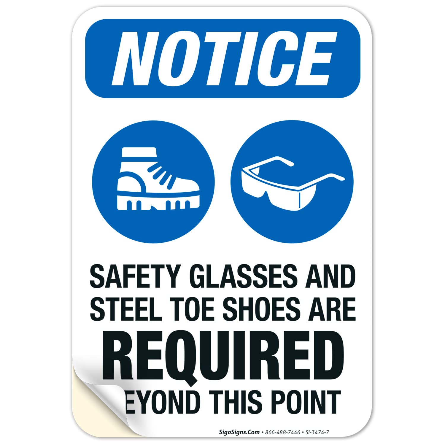 OSHA Safety Sign - 'Safety Glasses & Steel Toe Shoes Required Beyond This Point' - 10x7 Inch Vinyl Decal, Weatherproof & UV Resistant (Made in USA) - Perfect for Construction Sites, Warehouses & Industrial Work Zones