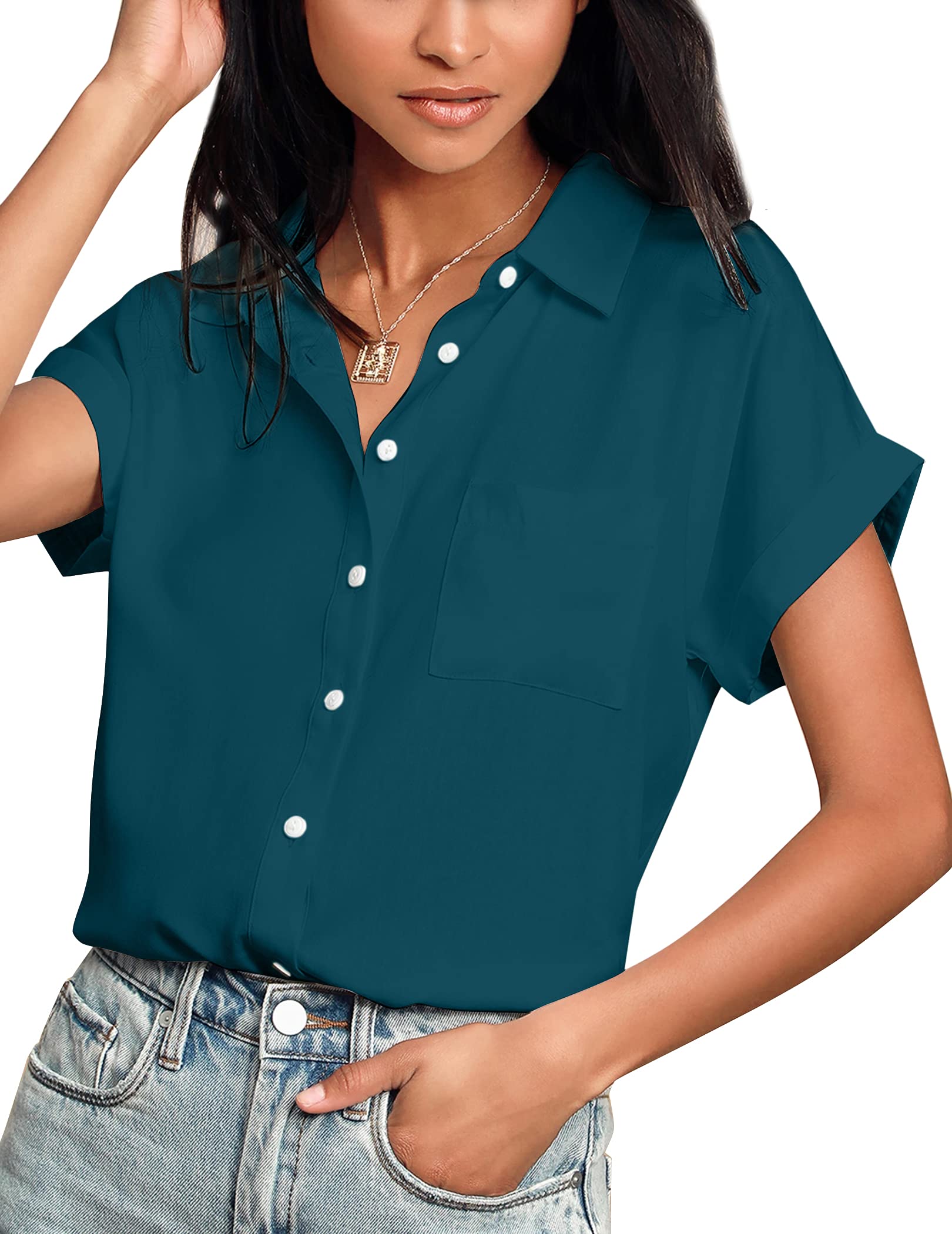 Hotouch Women's Short Sleeve V-Neck Button Down Blouse - Casual Loose Fit Shirt for Work, Office & Everyday Wear