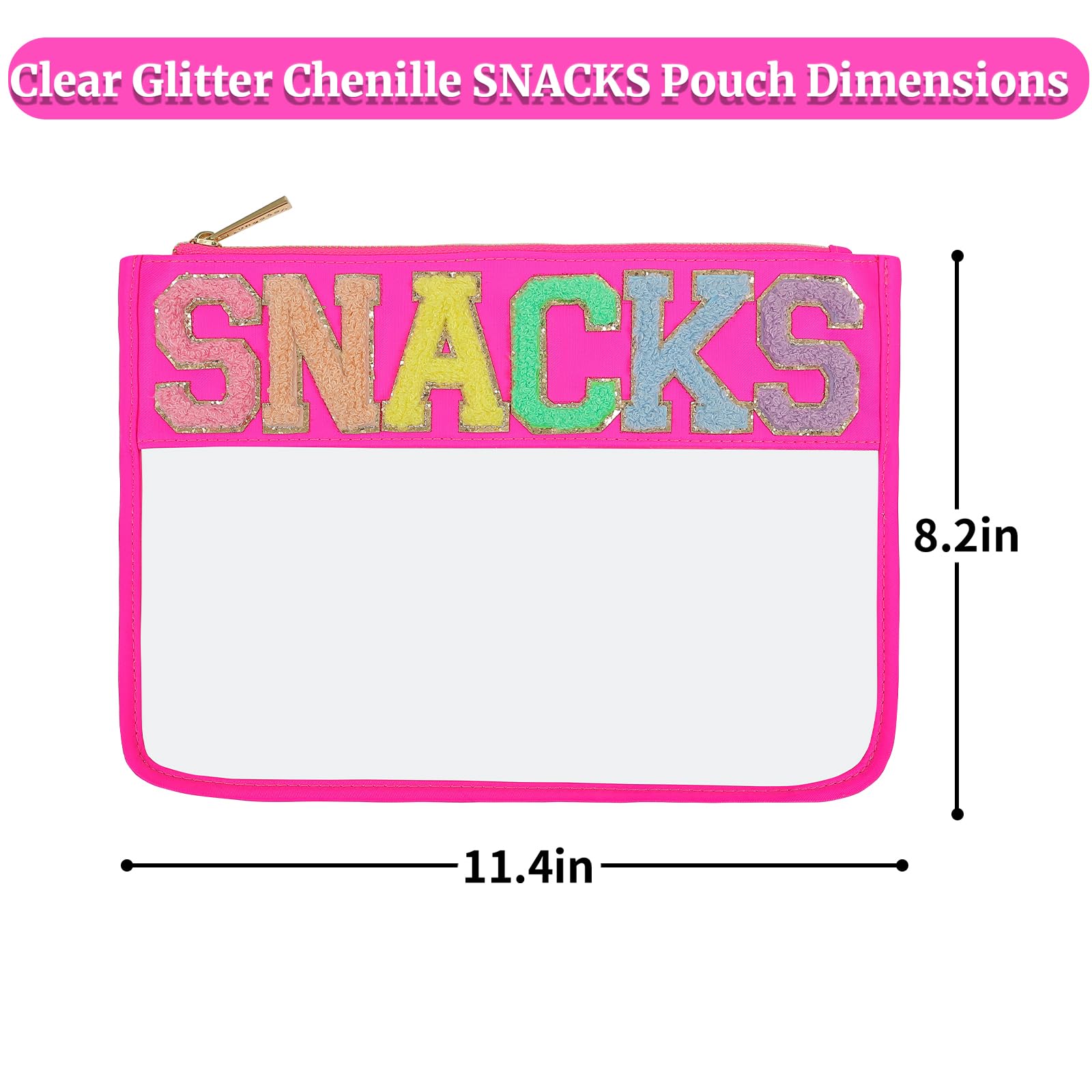 Glitter Chenille Clear Snack Pouch Bag - Transparent Zipper Travel Snack Bags for Women (Hot Pink) - Perfect for School, Office, Travel & Party Snack Storage