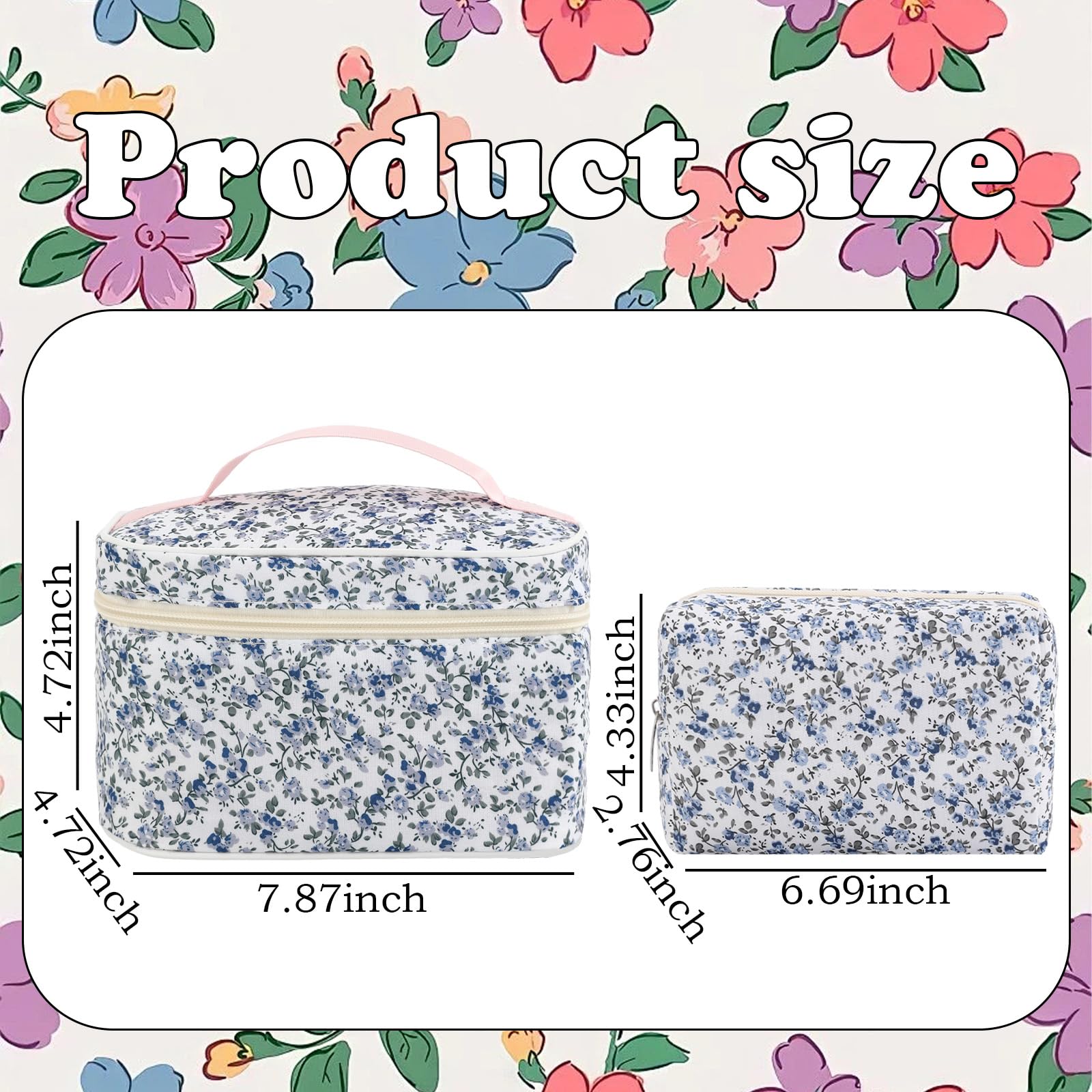 LYDZTION 2PCS Floral Makeup Bags for Women - Cute Cotton Cosmetic Organizer Pouch, Travel Makeup Case, Aesthetic Storage Bag (Blue) - Perfect for Travel, Daily Use & Gift Giving