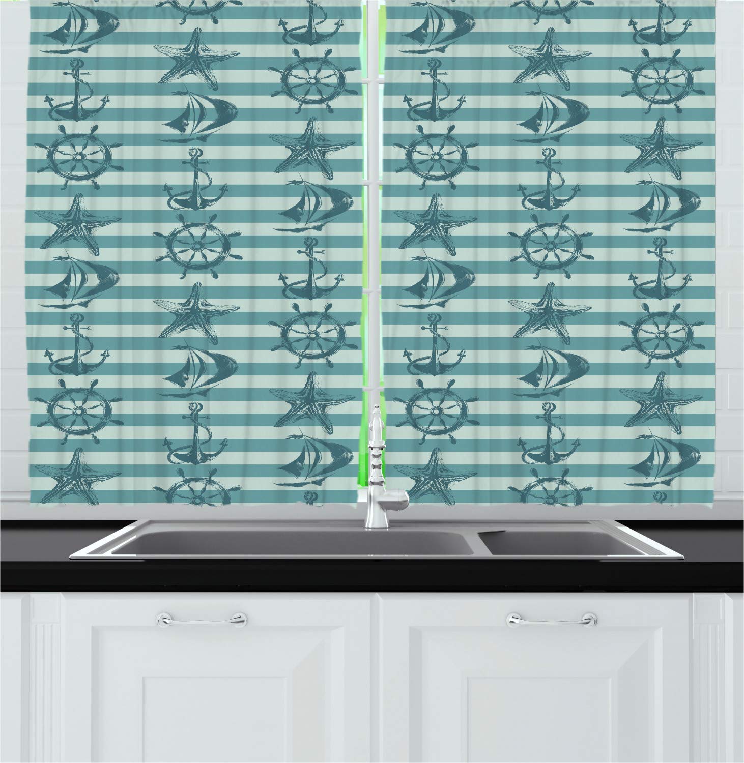 Ambesonne Nautical Kitchen Curtains - Retro Marine Design with Ship Wheel, Anchor & Starfish on Striped Background, 55