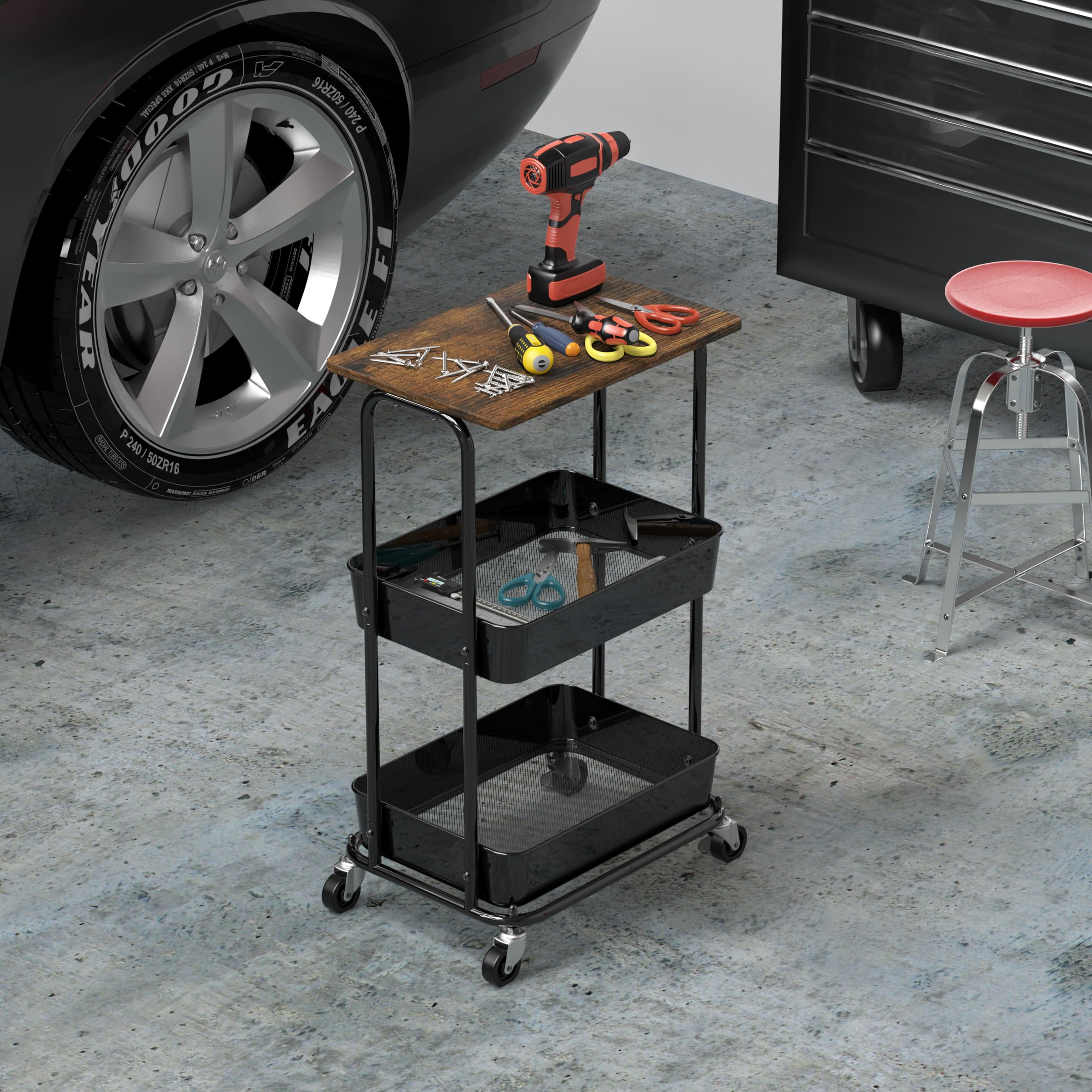 2-Tier Rolling Utility Cart with Top Board - Rustic Brown Kitchen & Bathroom Organizer for Storage, Mobile Serving Cart for Home & Office Use