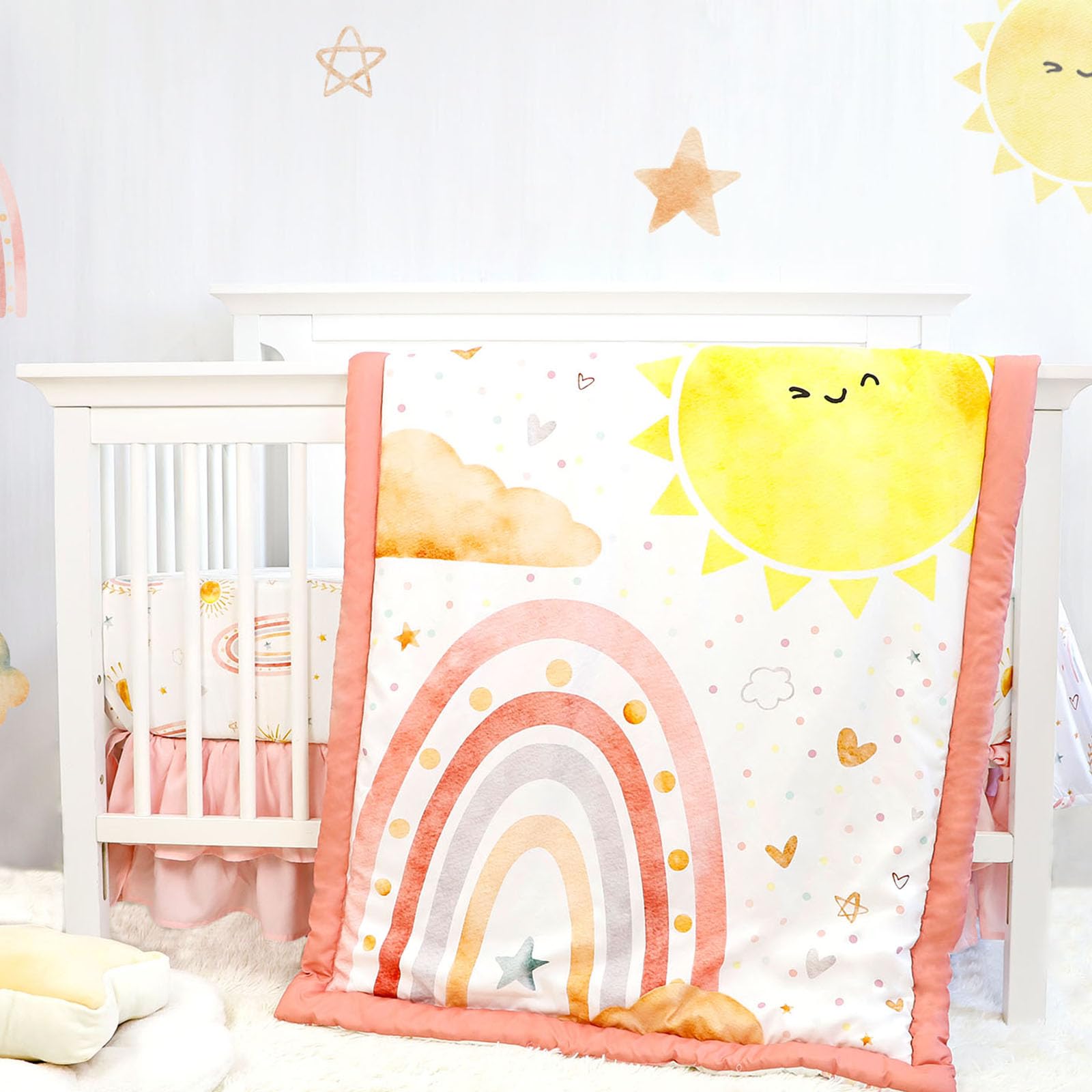 Pink 4-Piece Baby Crib Bedding Set for Girls - Soft Rainbow Nursery Set with Comforter, Fitted Sheet, Crib Skirt & Diaper Stacker | Perfect for Newborns, Infant Room Decor & Baby Shower Gifts