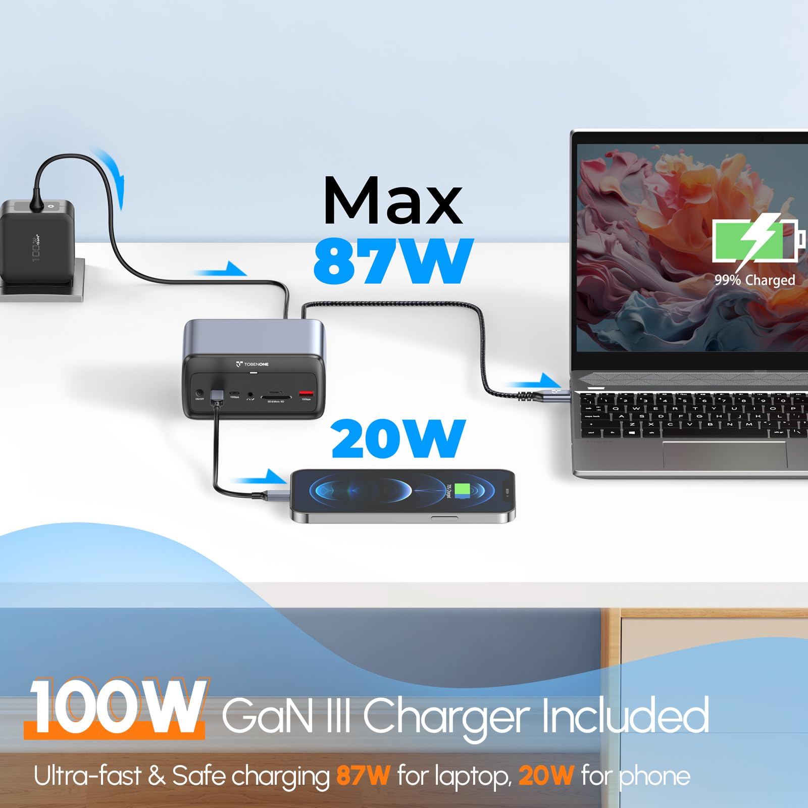 TobenONE 16-in-1 USB C Docking Station with 100W GaN III Charger - Dual 4K HDMI, Triple Display, 7 USB Ports, SD/TF Card Reader, RJ45 Ethernet - Compatible with Thunderbolt 4/3 & USB C Windows Laptops - Perfect for Home Office, Gaming & Multi-Tasking Workspaces