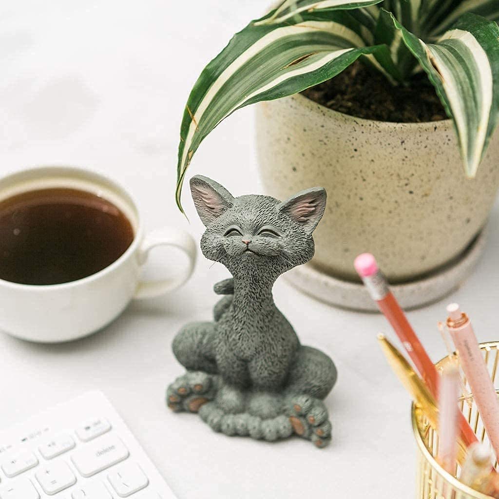 Happy Cat Figurine - Grey Smiling Cat Decor for Home & Office - Perfect Gift for Cat Lovers
