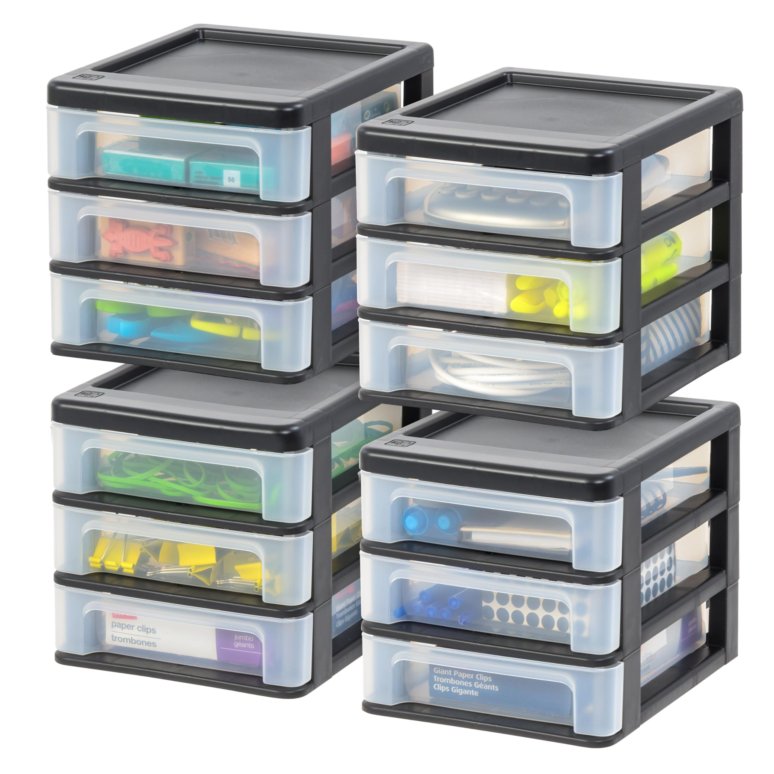 IRIS USA 3-Drawer Plastic Stacking Storage Organizer, 4-Pack - Black Small Desk Organizer for Makeup, Nail Polish, Stationery, Craft Supplies | Perfect for Bathroom, Office, Kitchen & Garage Organization