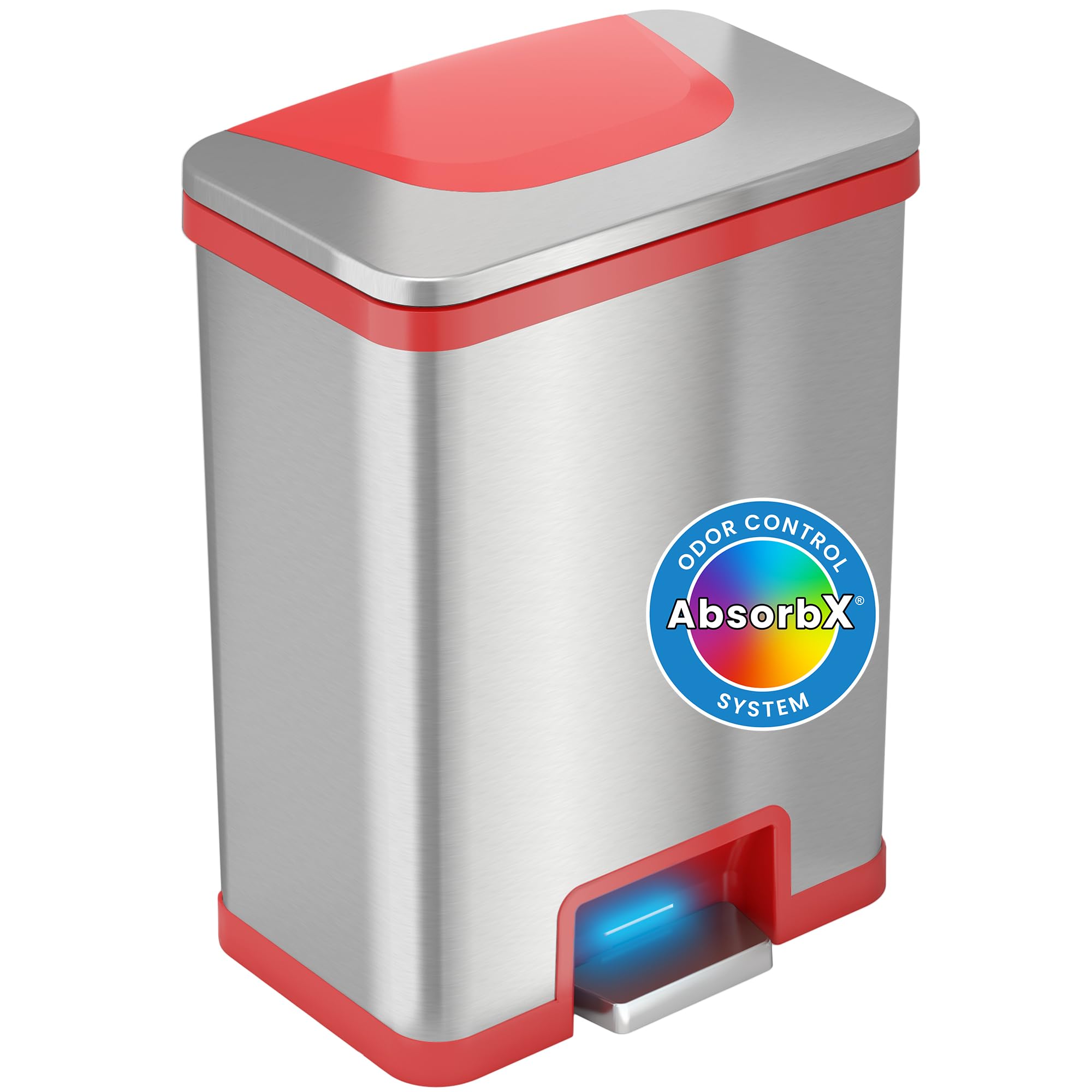 iTouchless 13 Gallon Automatic Step Sensor Trash Can with Odor Control System - Stainless Steel Touchless Kitchen Garbage Bin - Battery or AC Powered (Adapter Not Included) - AutoStep Technology - Red (Model ITAS13R) - Perfect for Modern Kitchens, Offices, and Restaurants