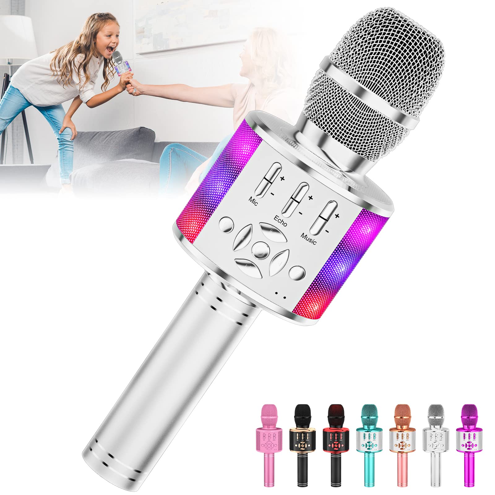 Amazmic Kids Karaoke Microphone - Bluetooth Wireless Portable Singing Machine with LED Lights, Microphone Toy for Children & Adults - Perfect for Birthday Parties, Home KTV, Travel & Family Fun (Silver)