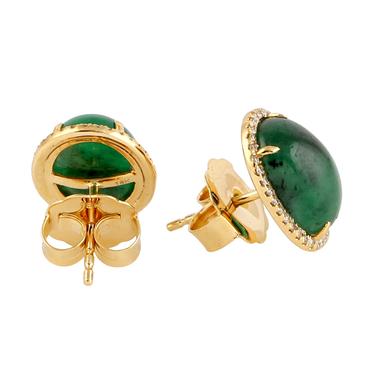 18K Yellow Gold Emerald Cabochon & Diamond Stud Earrings | Elegant Jewelry for Women | Perfect for Weddings, Parties & Gifts