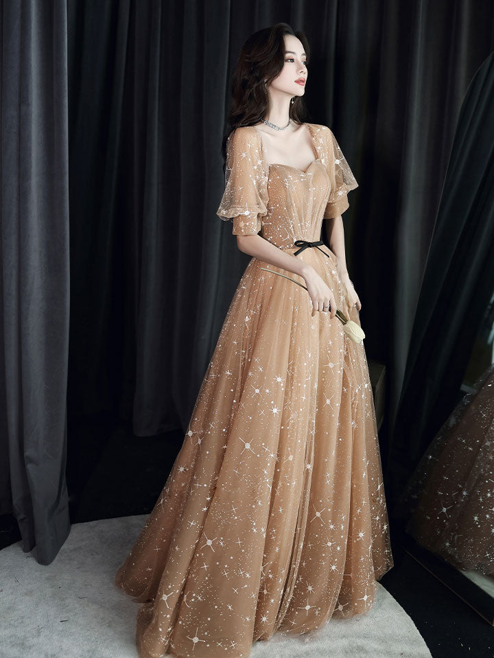 Elegant Champagne Sweetheart Tulle Lace Long Prom Dress - Formal Evening Gown for Homecoming, Wedding, Quinceañera & Special Occasions