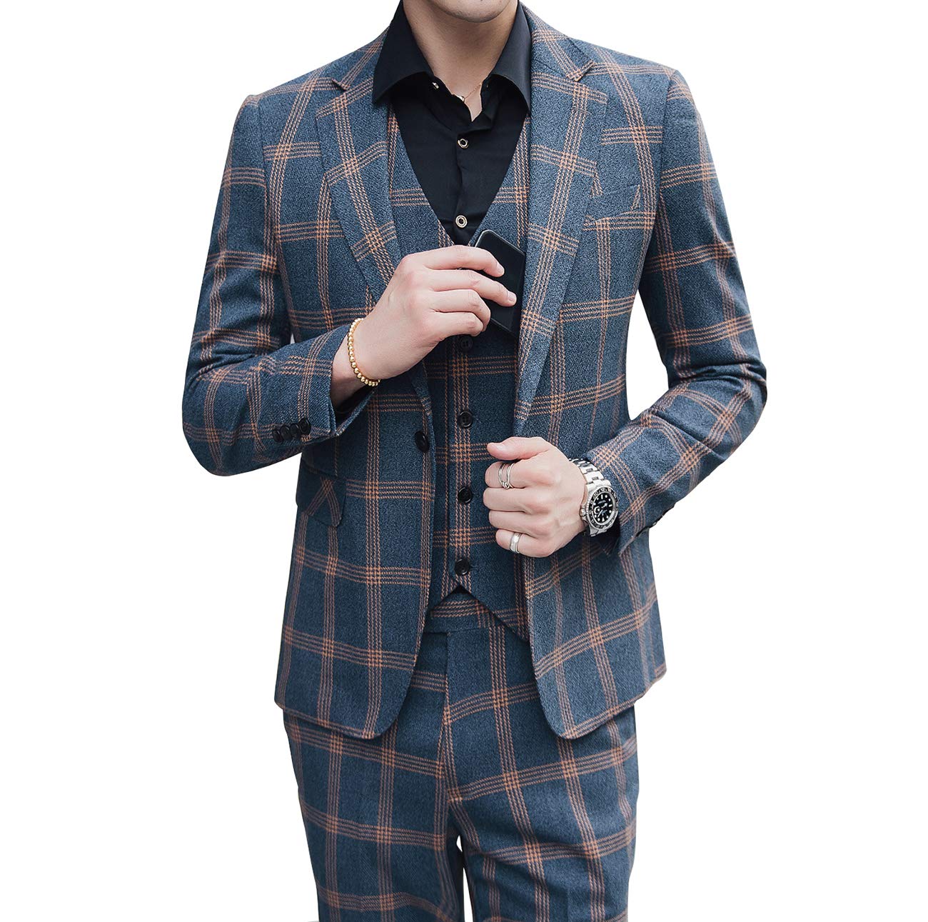 Men's 3 Piece Plaid Casual Suit Set - Jacket, Waistcoat & Pants for Prom, Wedding, Party | Formal & Business Occasions