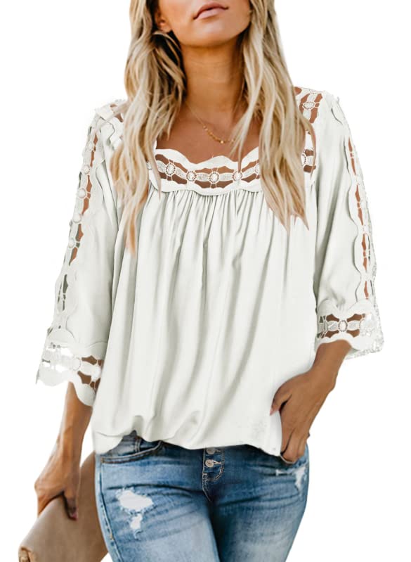 Dokotoo Women's 3/4 Sleeve Lace Crochet Blouse - Flowy Square Neck Solid Color Summer Top for Casual Wear, Date Night & Beach Outfits
