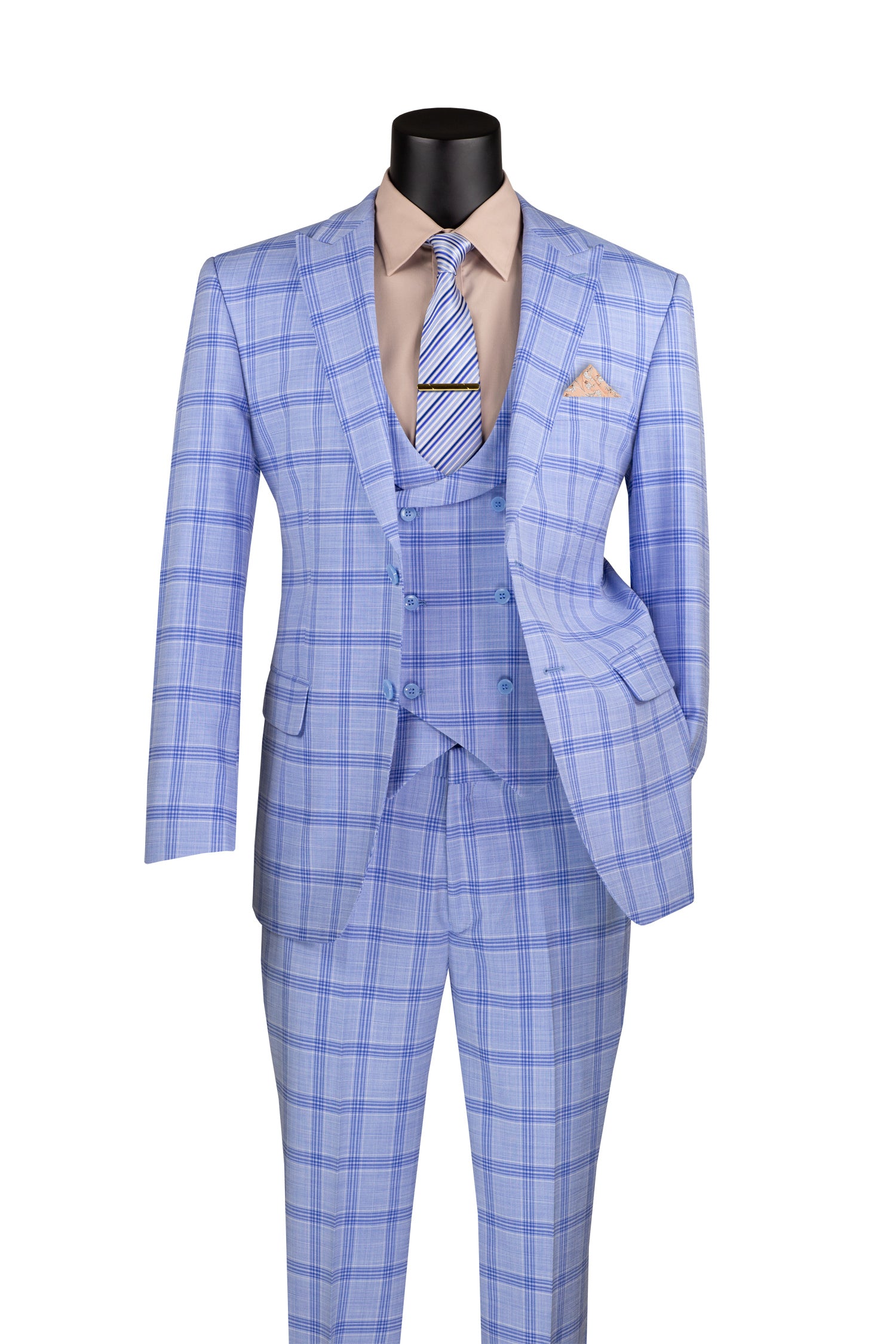 Venetian Collection Modern Fit Light Blue Windowpane 3-Piece Suit for Business Meetings & Formal Events | Premium Men's Tailored Suit