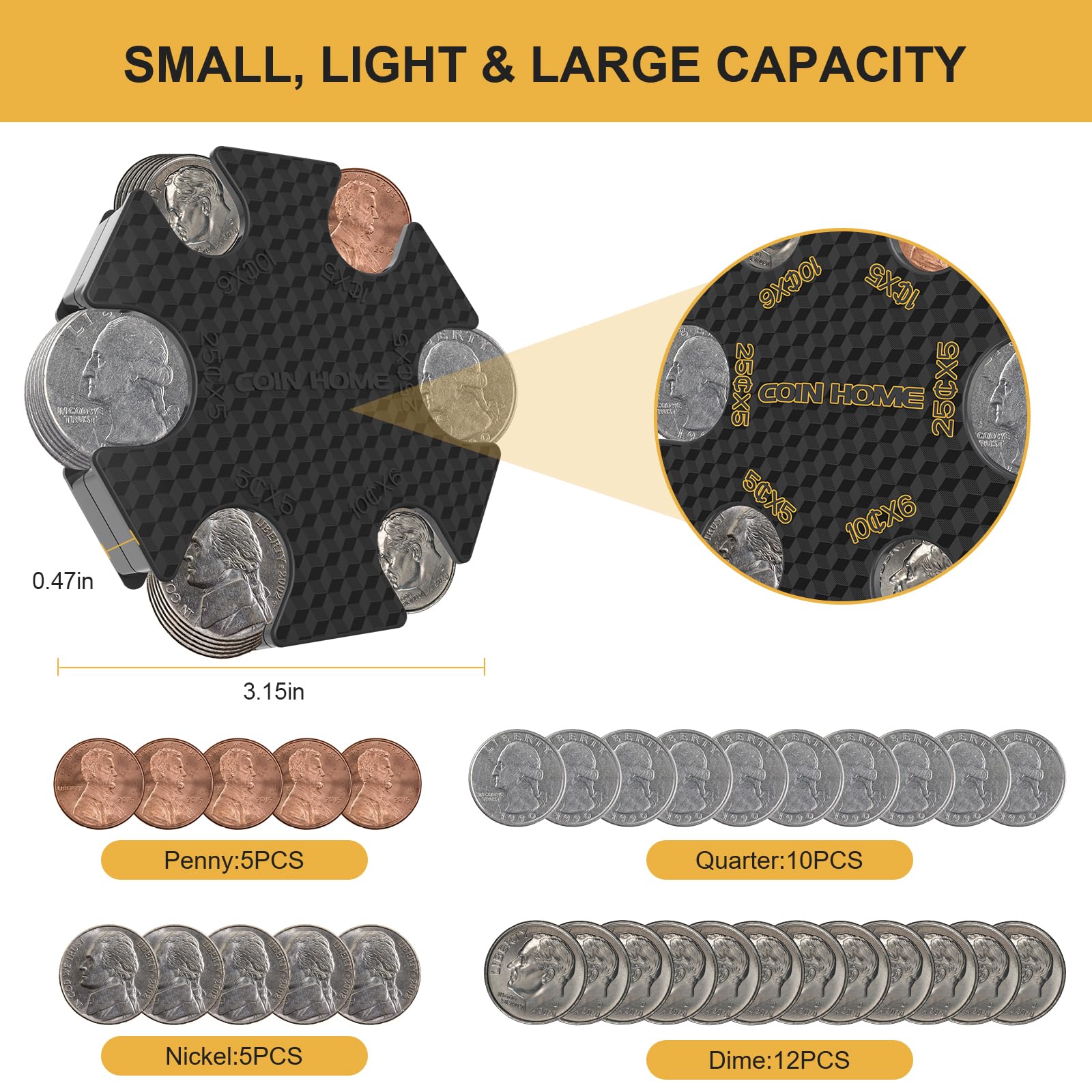 Universal Car Coin Holder - Large Capacity Change Organizer for Penny, Nickel, Dime & Quarter (Holds 32 Coins) - Portable Coin Storage for Car, Purse & Wallet (Black) | Perfect for Road Trips, Toll Booths & Parking Meters