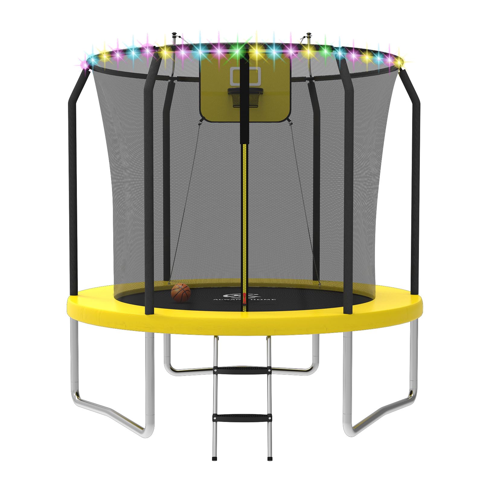 8FT 10FT 12FT 14FT Outdoor Trampoline with Basketball Hoop, LED Lights, Safety Net & Ladder - ASTM Approved for Kids & Adults | Backyard Fun, Exercise, Family Recreation