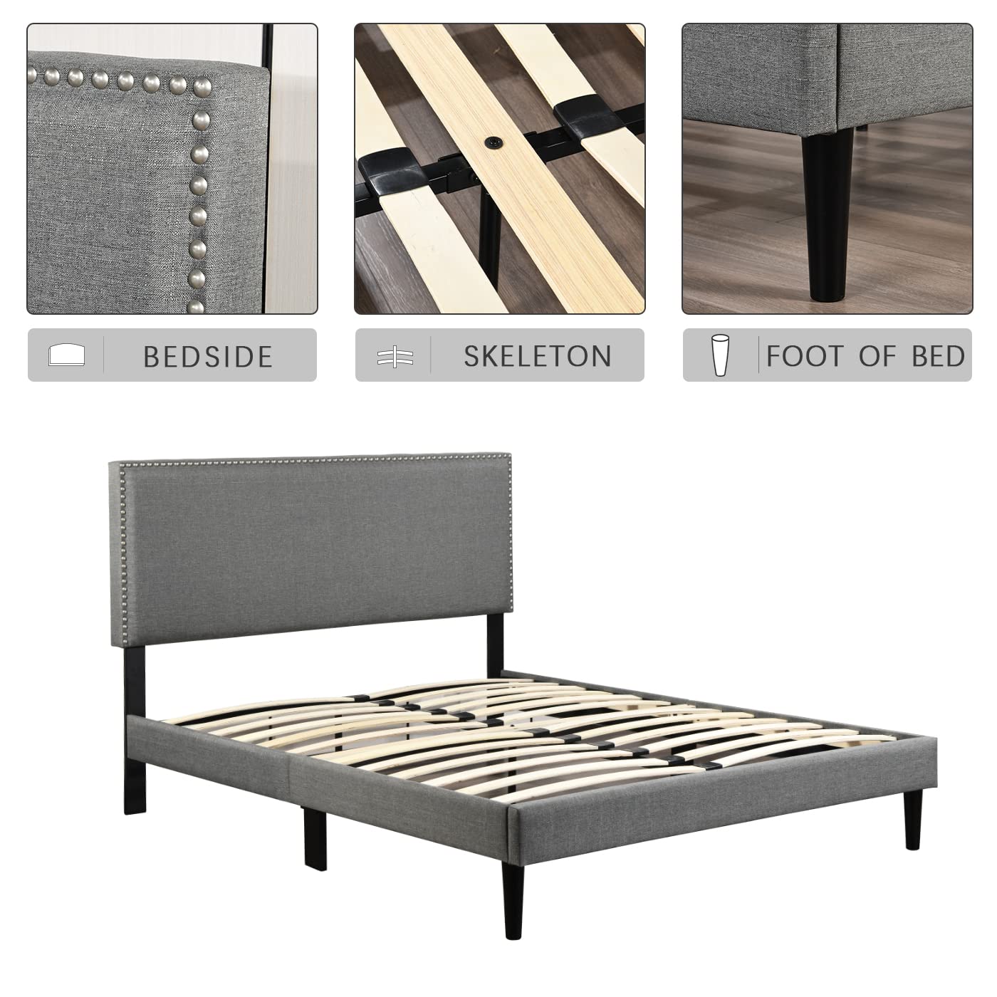 Queen Size Upholstered Platform Bed Frame with Headboard & Wooden Slats - Noise Free, No Box Spring Needed, Light Grey - Perfect for Modern Bedrooms, Guest Rooms & Small Apartments