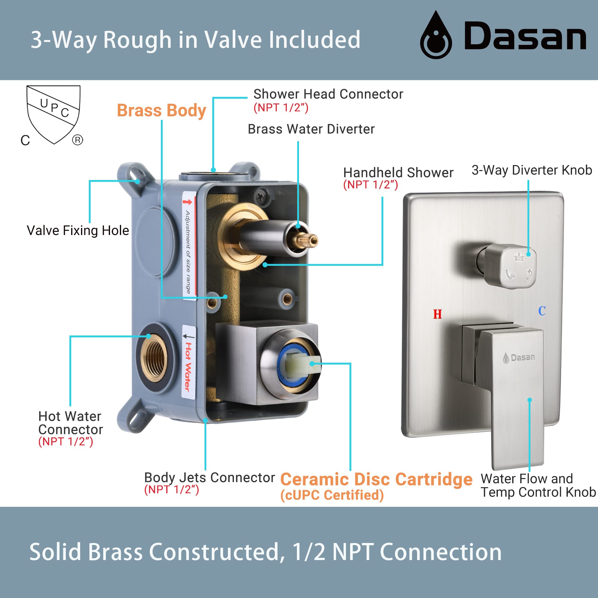 Premium DASAN Full Body Shower System - 6 Body Spray Jets, 12'' Rain Shower Head & Handheld Shower - Brushed Nickel Ceiling Mount Shower Faucet Set with Valve (SA-SS03ABN-S12C) - Perfect for Spa-Like Luxury Bathroom Experience