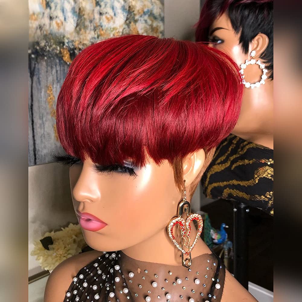 Pixie Cut Short Bob Wig with Bangs - Brazilian Remy Human Hair Ombre Glueless Machine Made Wig for Women - 8 Inch 130% Density - Perfect for Daily Wear, Cosplay & Special Occasions