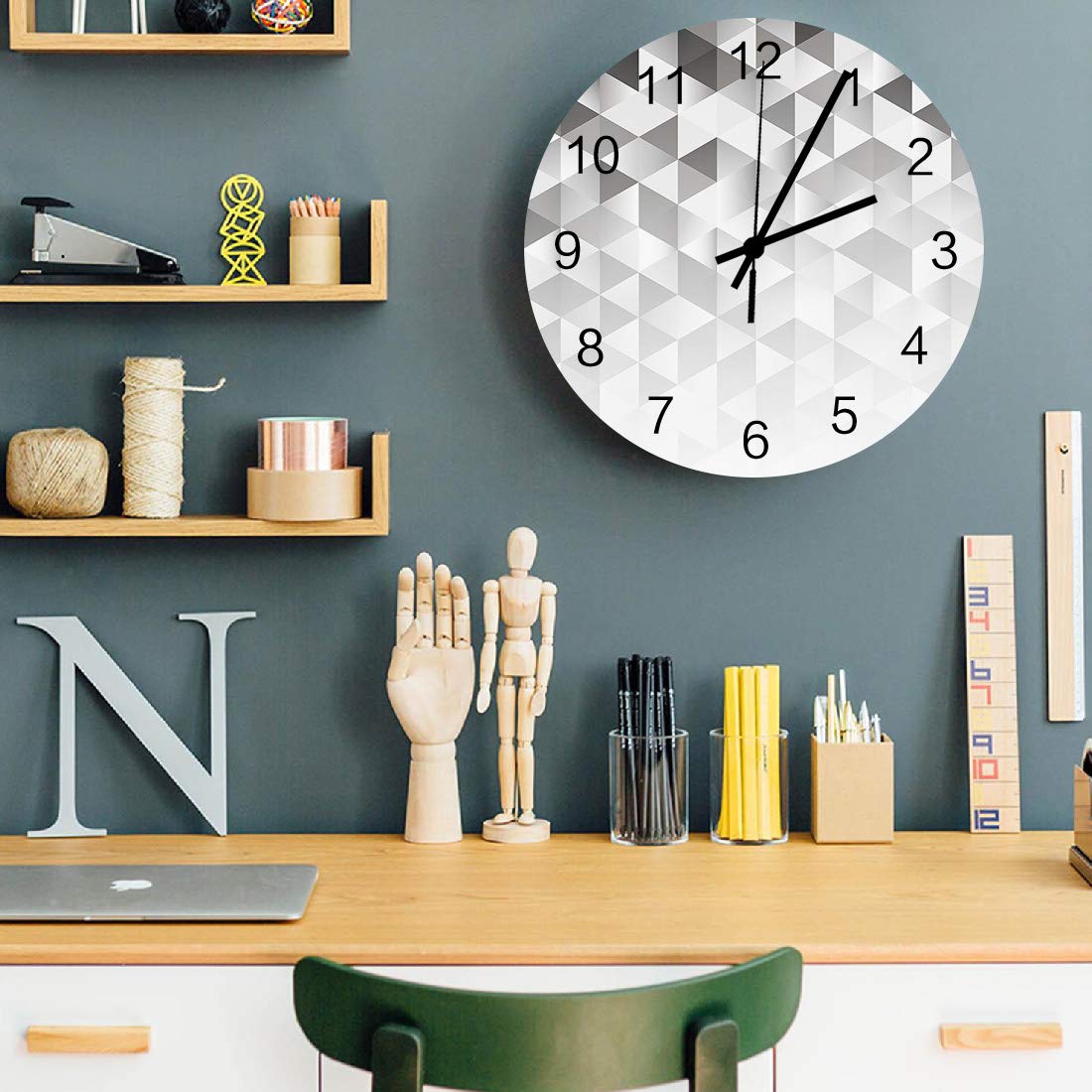 12 Inch Silent Non-Ticking Wall Clock - Battery Operated Modern Round Clock with Silver Geometric Gradient Mosaic Triangle Pixel Design for Home, Bedroom, Living Room - Perfect for Quiet Spaces, Offices & Meditation Rooms
