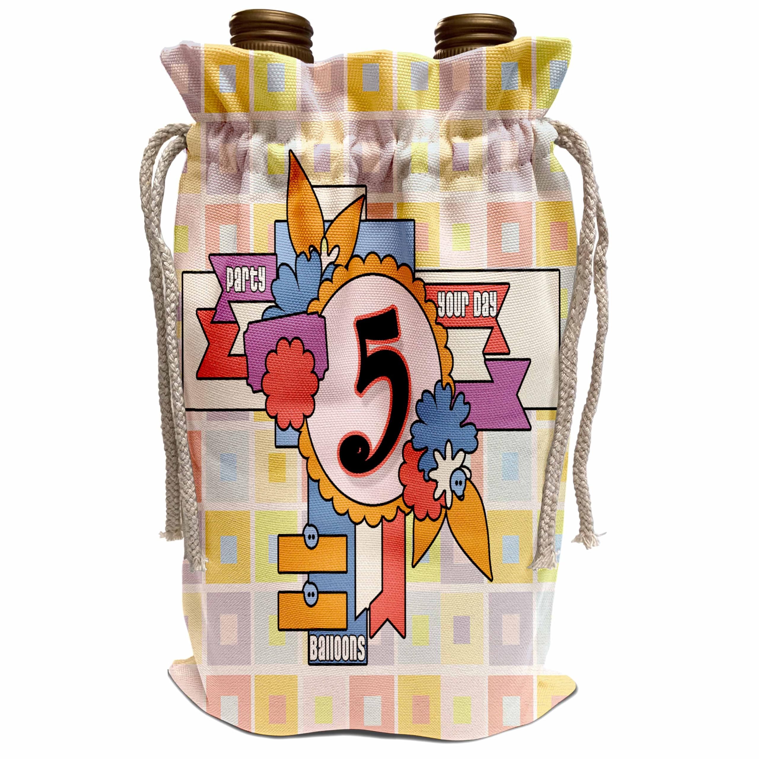 3D Rose Wine Bag - Pastel Checkered Print with Number 5 | Birthday Gift for Women | Scrapbook Style Birthday Collection | Perfect for Birthday Parties, Bridal Showers & Girls Night Out