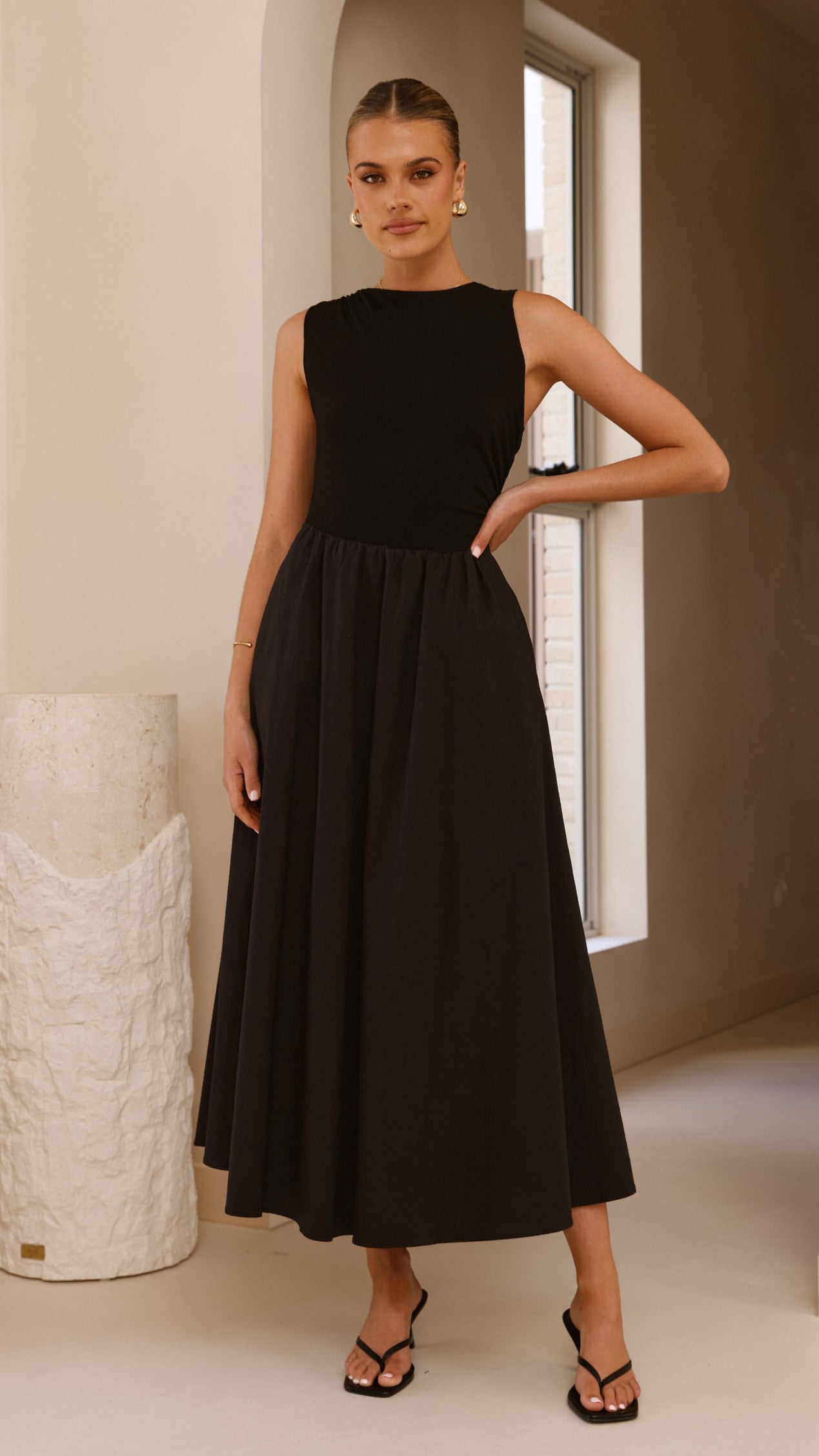 Aria Sleeveless Midi Dress for Women - Elegant Black Summer Dress for Casual Wear, Office, and Evening Out