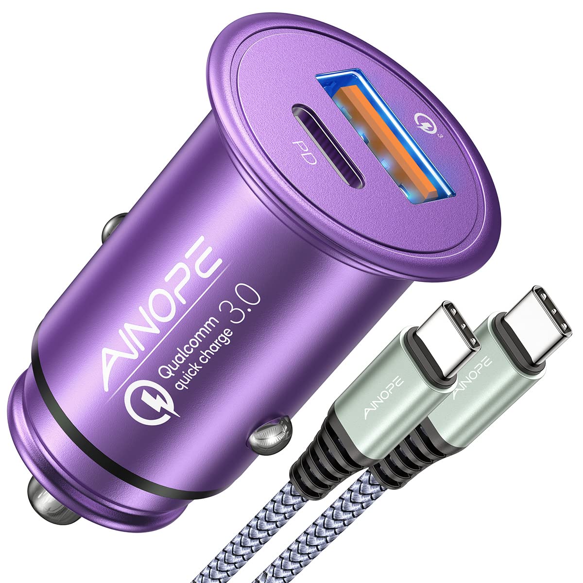 AINOPE 67.5W Dual USB C Car Charger Fast Charging - QC3.0 Cigarette Lighter Adapter for iPhone 16/15, Samsung Galaxy & Android Phones - Compact Purple Car Phone Charger | Perfect for Road Trips & Daily Commutes