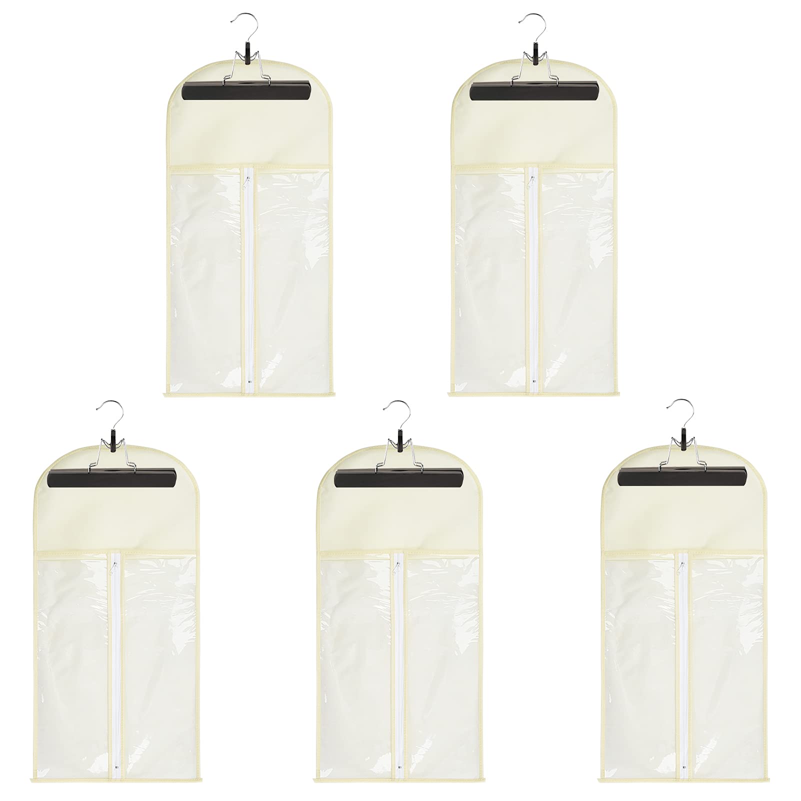 5-Piece Wig Storage Bag Set with Wooden Hangers - Dustproof Hair Extensions Organizer for Synthetic & Human Hair Wigs (5 Beige Bags + 5 Black Hangers) - Perfect for Salon, Travel & Home Wig Storage