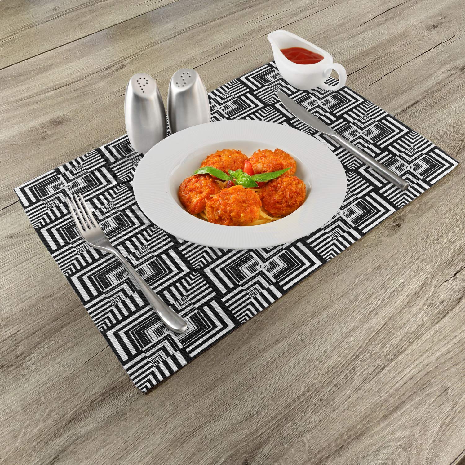 Ambesonne Black and White Placemats Set of 4 - Geometric Op Art Checkered Optical Illusion Design - Modern Washable Fabric Table Mats for Dining Room & Kitchen Decor - Perfect for Dinner Parties, Holiday Meals & Stylish Home Decor