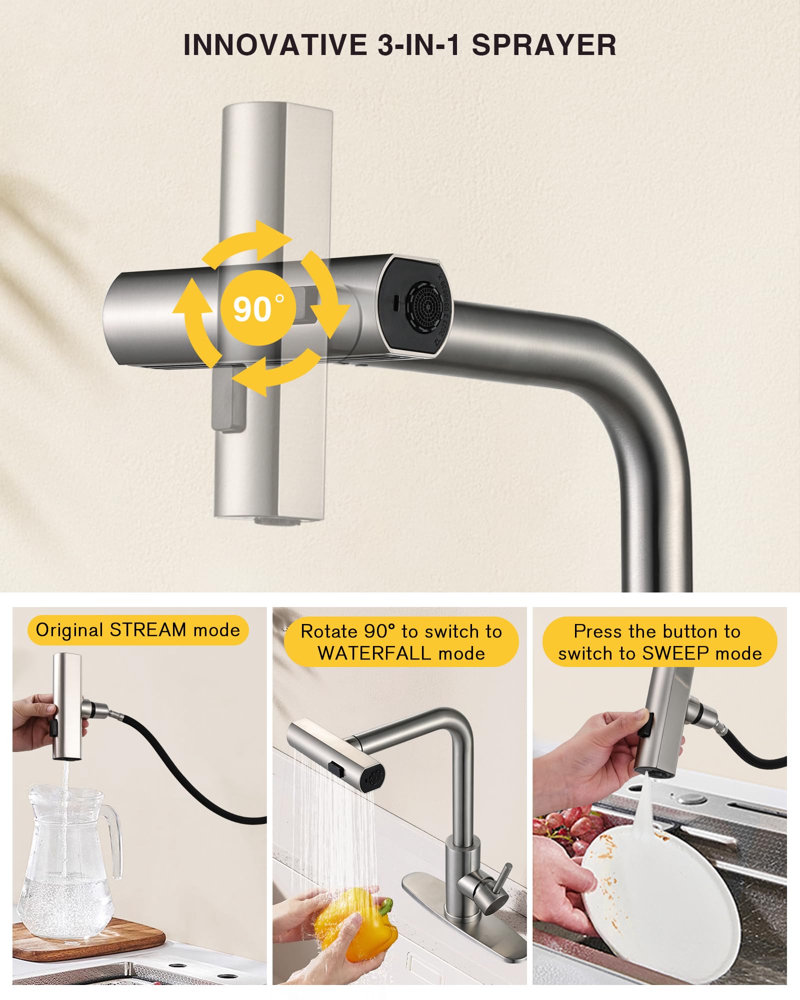 Peppermint Waterfall Kitchen Faucet with Pull Down Sprayer - Single Handle Stainless Steel Sink Faucet - 3 Function Brushed Nickel RV Faucet for Kitchen & RV Use - Perfect for Modern Homes & Campers